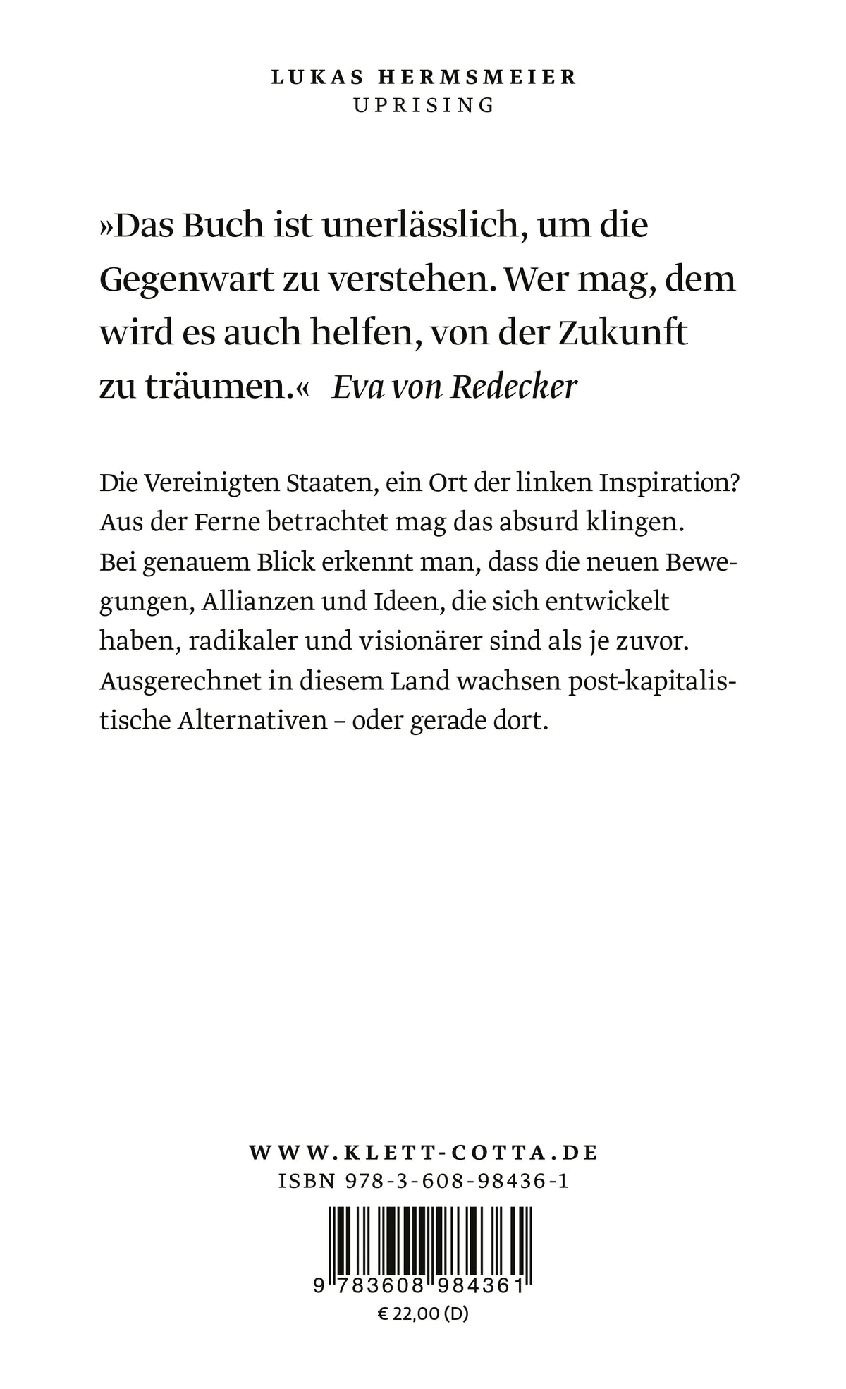 Buchrückseite von 'Uprising' mit Klappentext - Gebundene Ausgabe