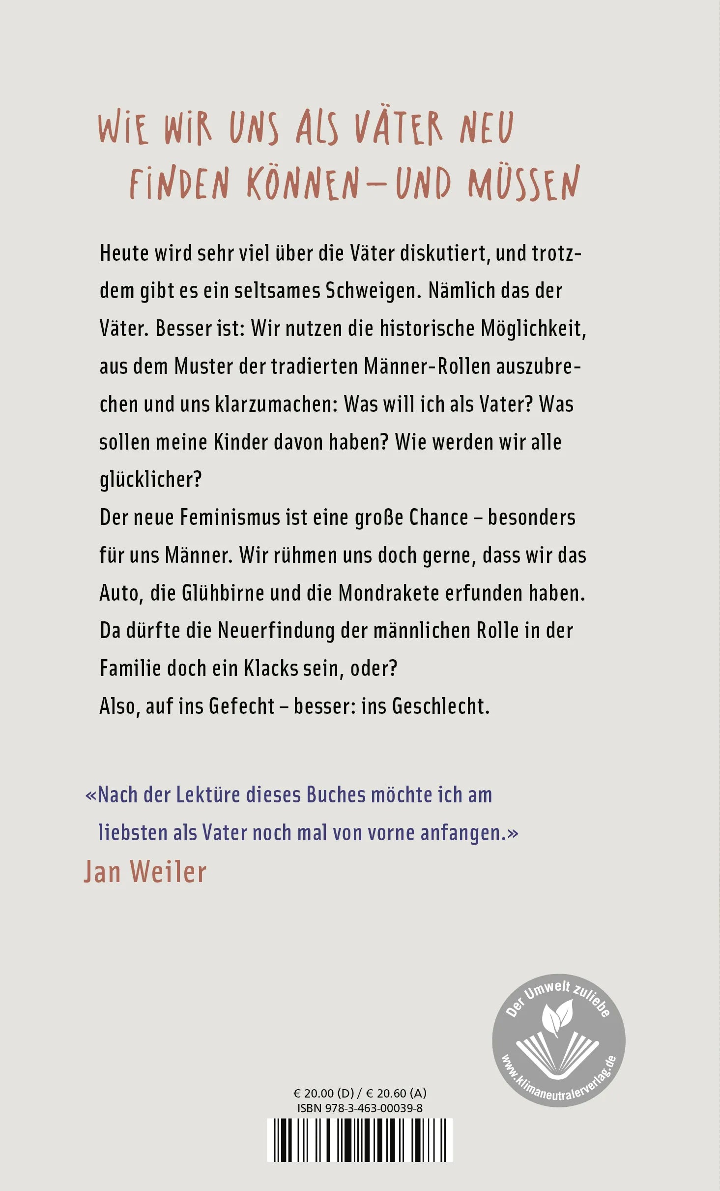 Buchrückseite von 'Vatersein' mit Klappentext - Gebundene Ausgabe