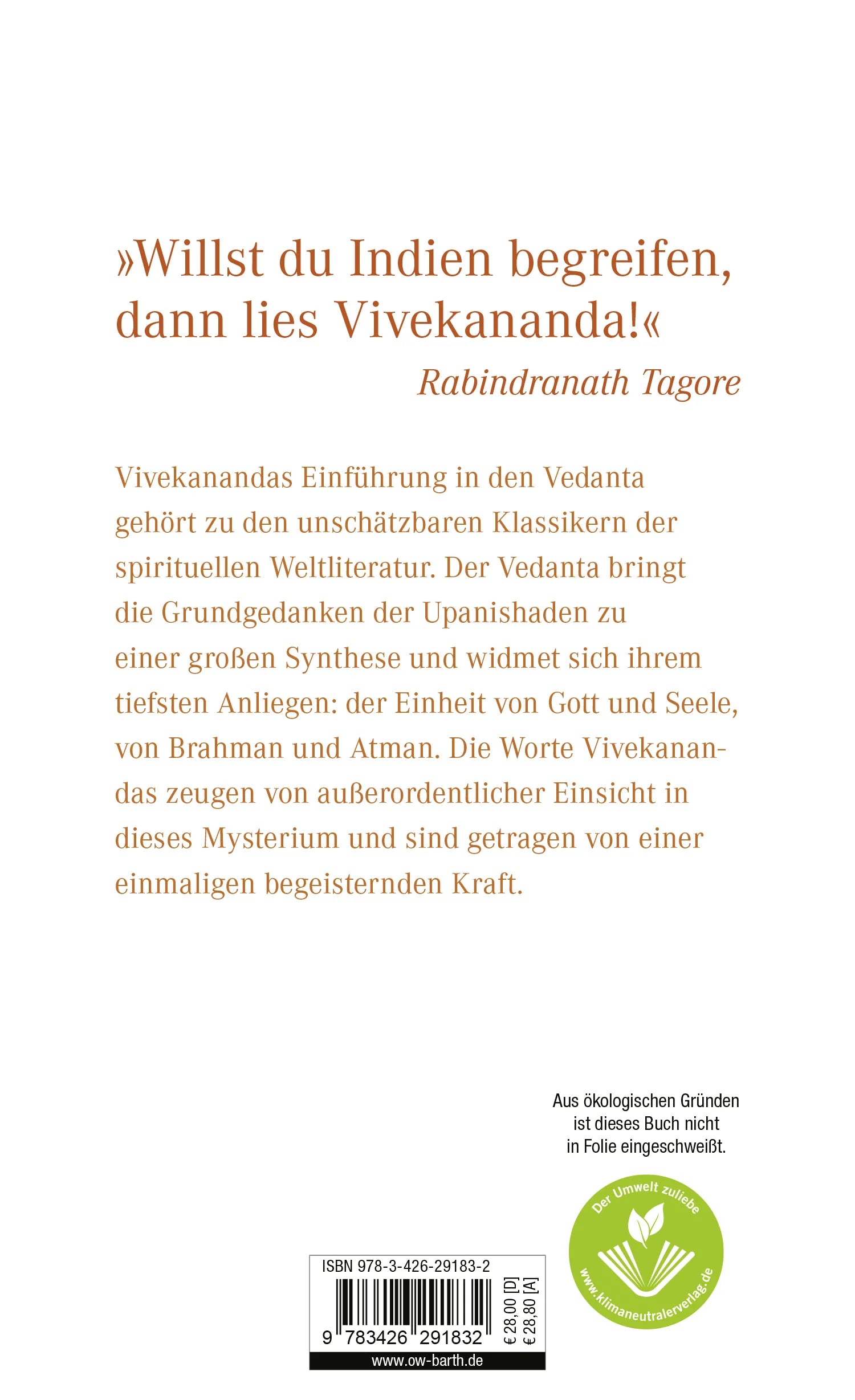 Buchrückseite von 'Vedanta' mit Klappentext - Gebundene Ausgabe