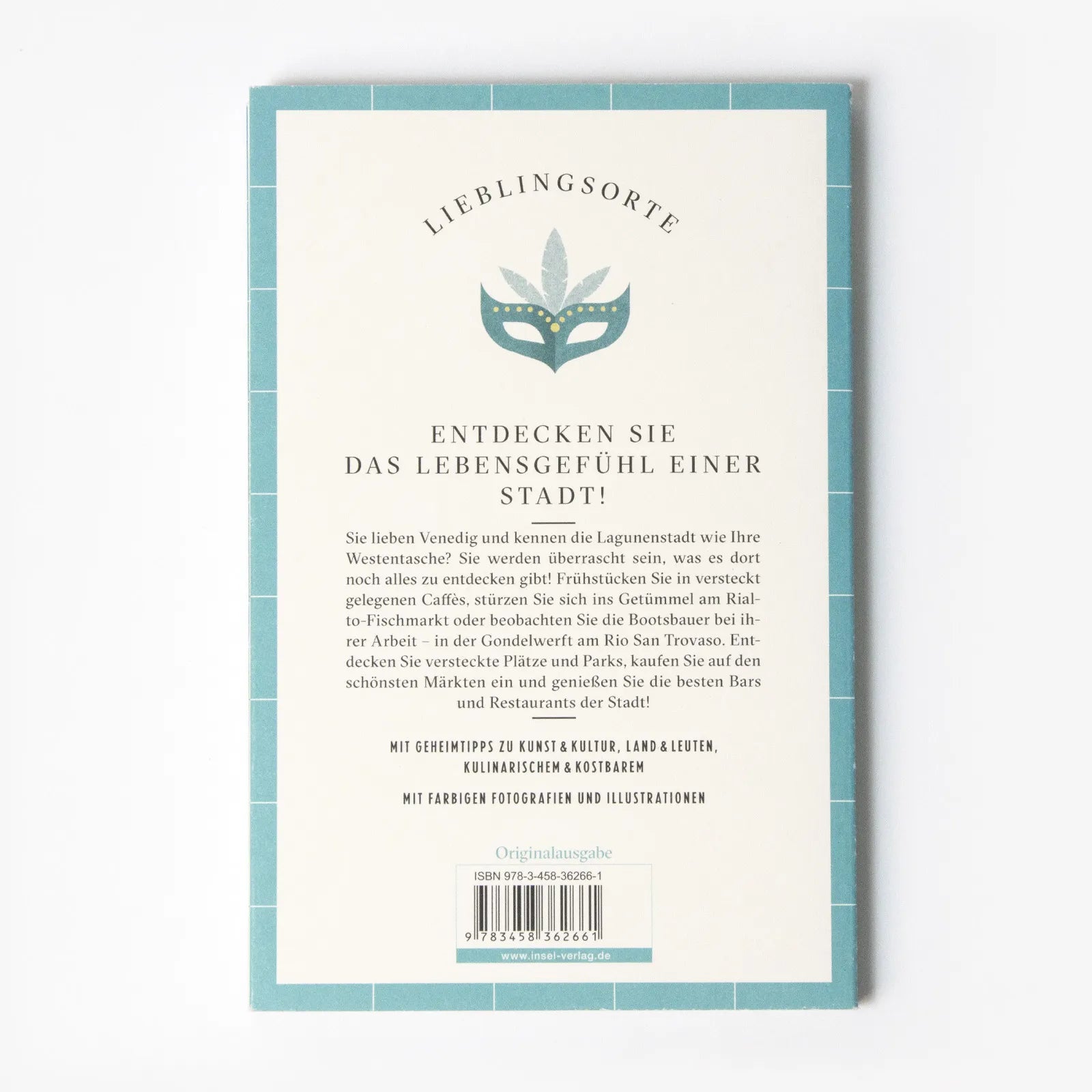 Buchrückseite von 'Venedig Reiseführer LIEBLINGSORTE' mit Klappentext - Paperback