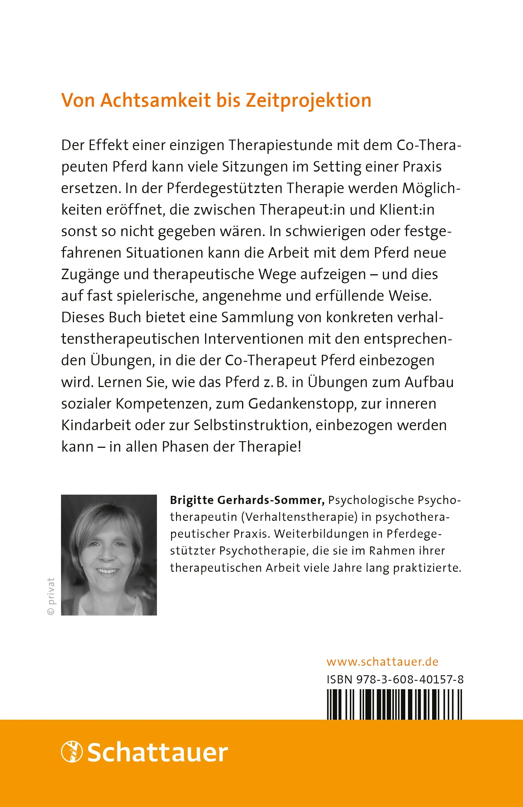 Buchrückseite von 'Verhaltenstherapeutische Methoden in der Pferdegestützten Therapie' mit Klappentext - Paperback