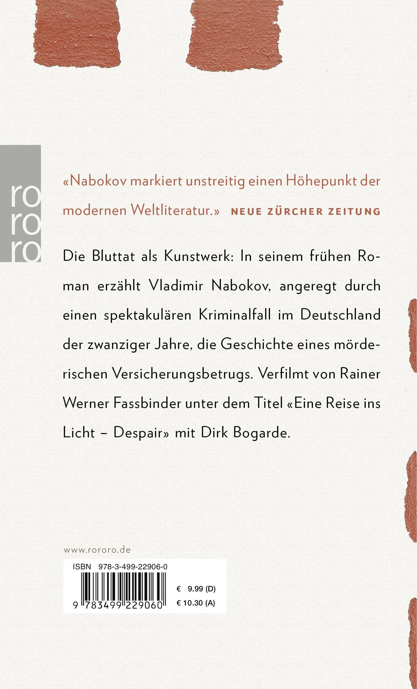 Buchrückseite von 'Verzweiflung' mit Klappentext - Taschenbuch