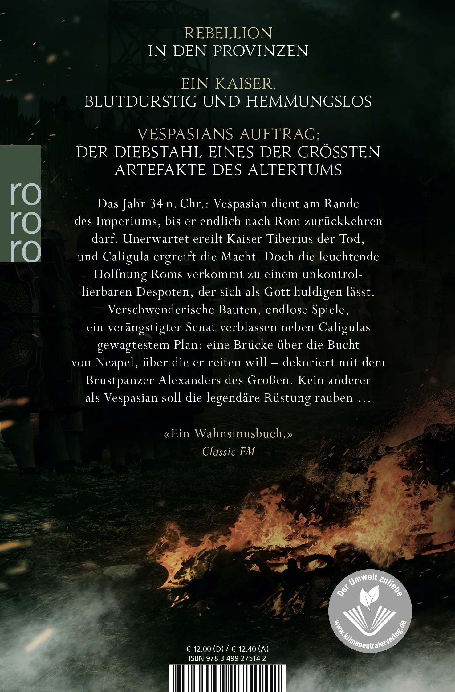 Buchrückseite von 'Vespasian: Der falsche Gott' mit Klappentext - Taschenbuch