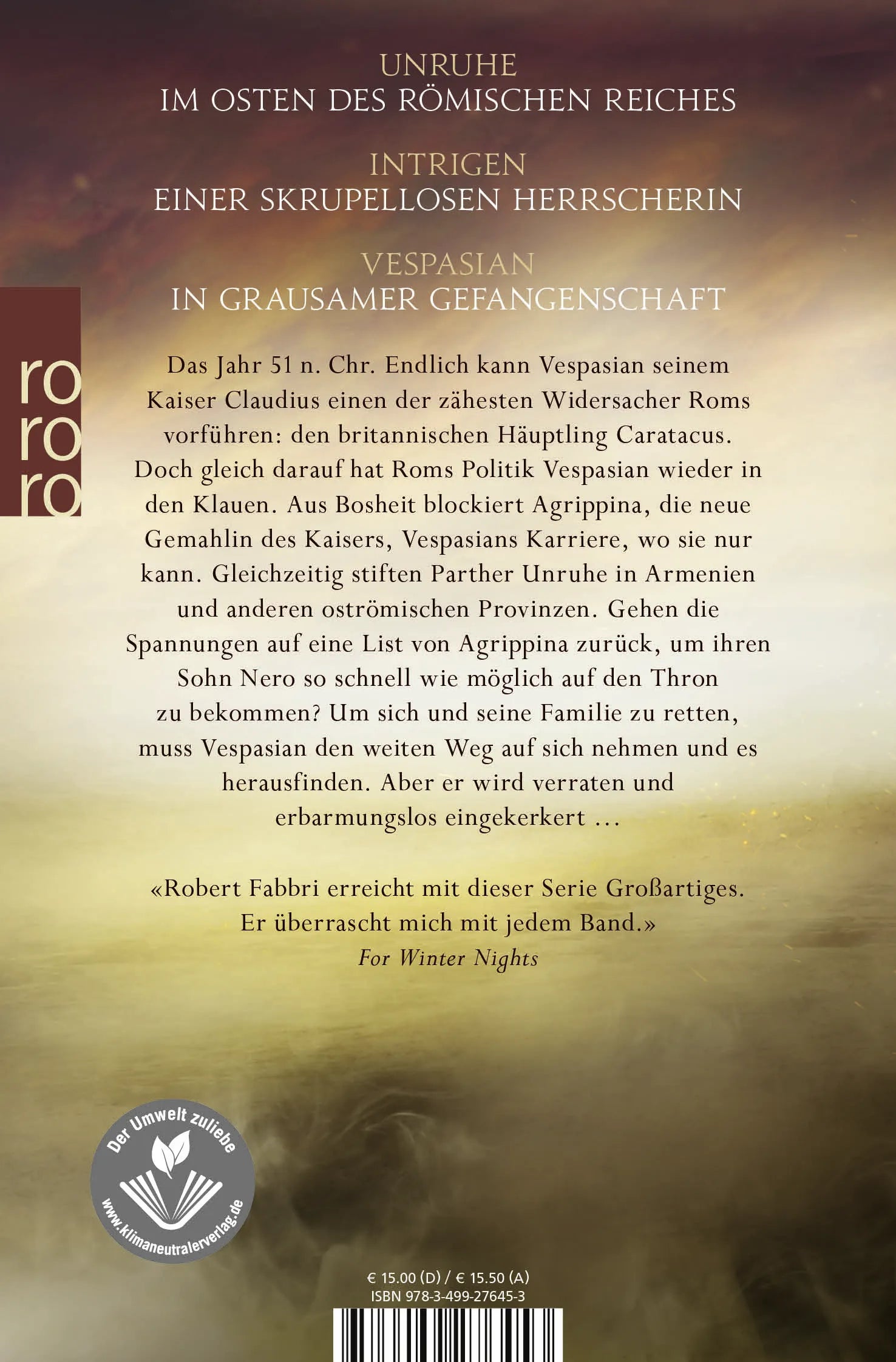 Buchrückseite von 'Vespasian: Roms verlorener Sohn' mit Klappentext - Taschenbuch