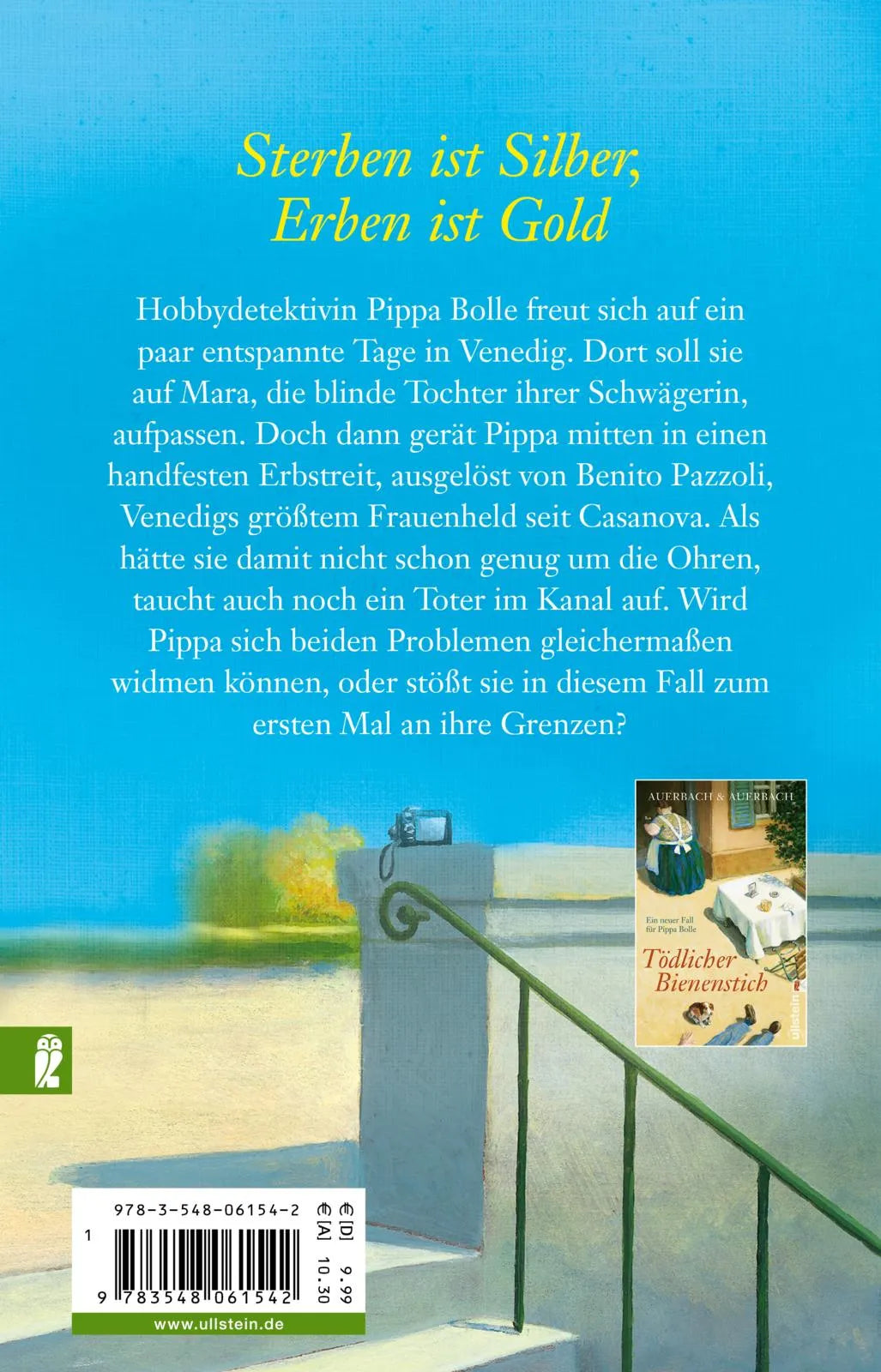Buchrückseite von 'Viele Erben verderben das Sterben' mit Klappentext - Taschenbuch