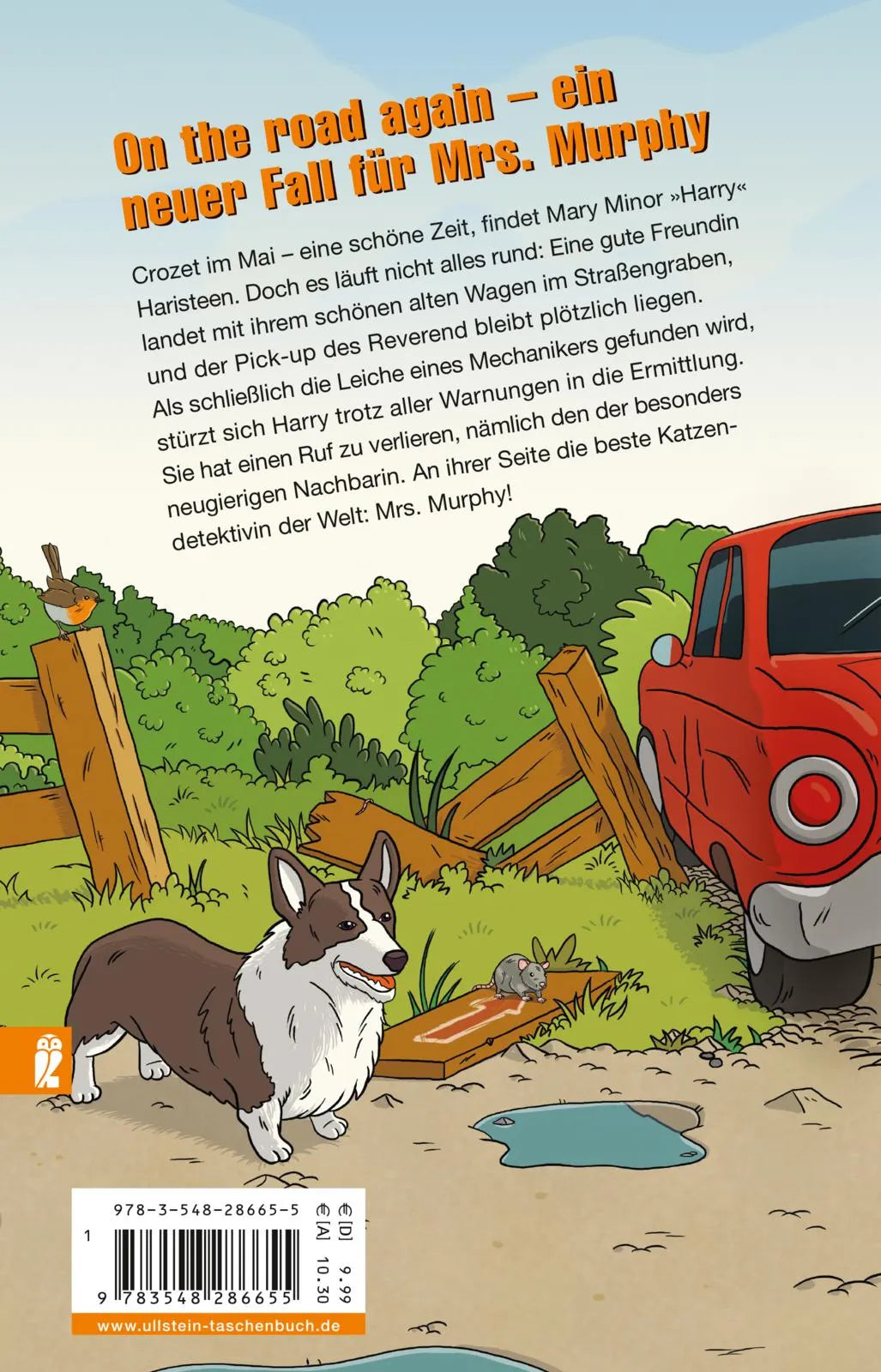 Buchrückseite von 'Vier Mäuse und ein Todesfall' mit Klappentext - Taschenbuch