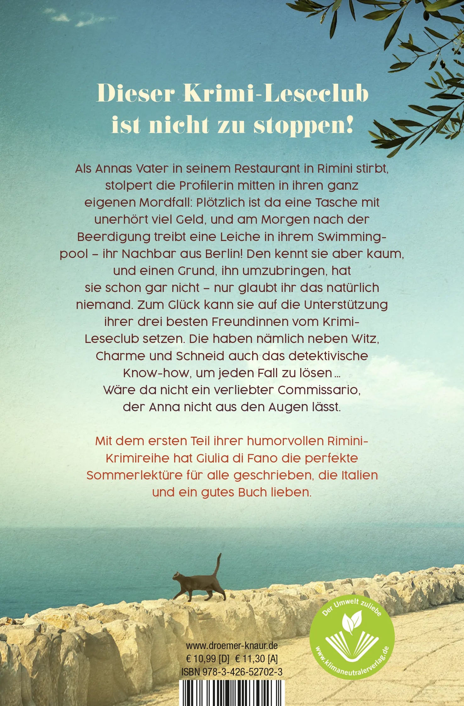 Buchrückseite von 'Vier Signoras und ein Todesfall' mit Klappentext - Taschenbuch