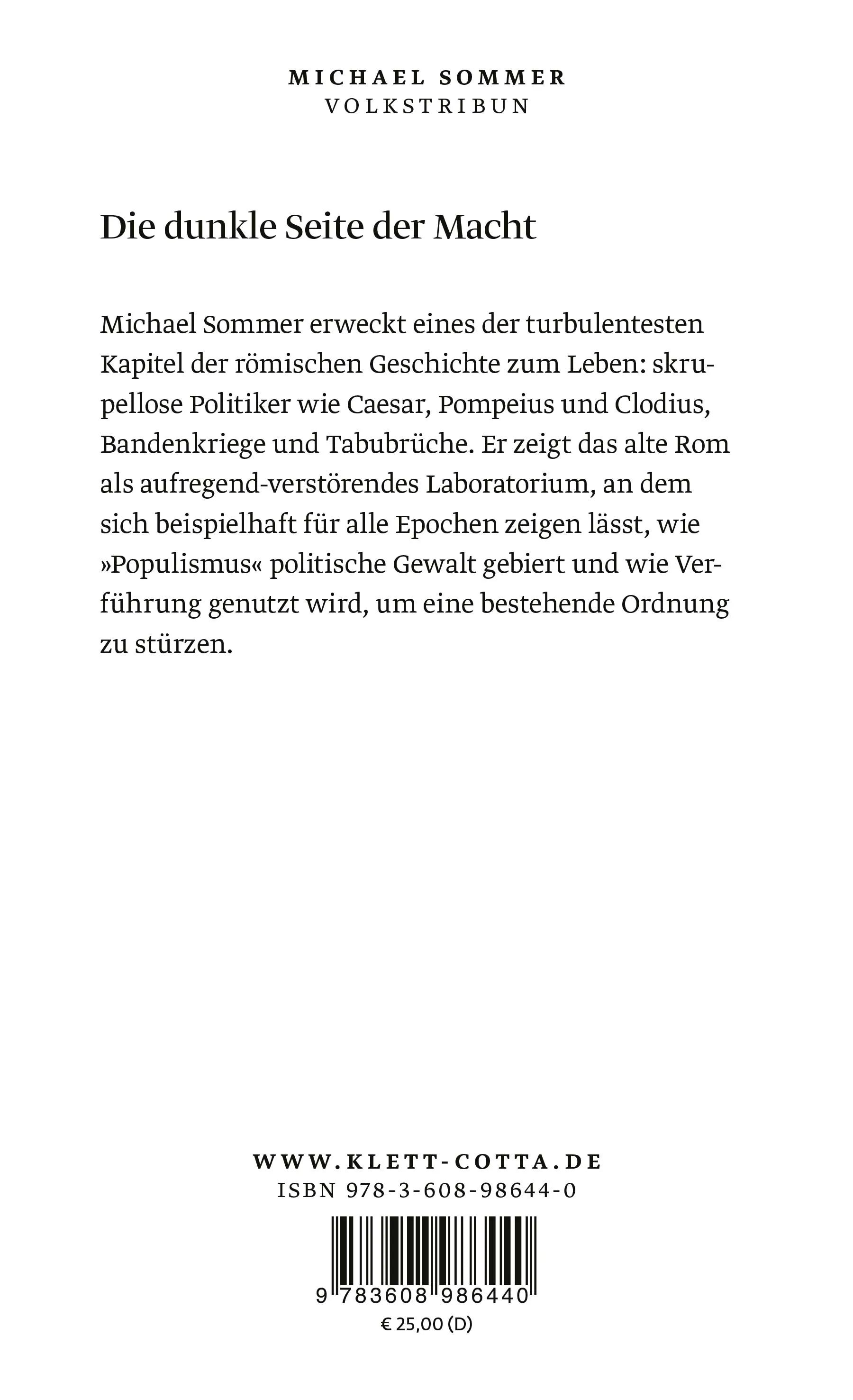 Buchrückseite von 'Volkstribun' mit Klappentext - Gebundene Ausgabe