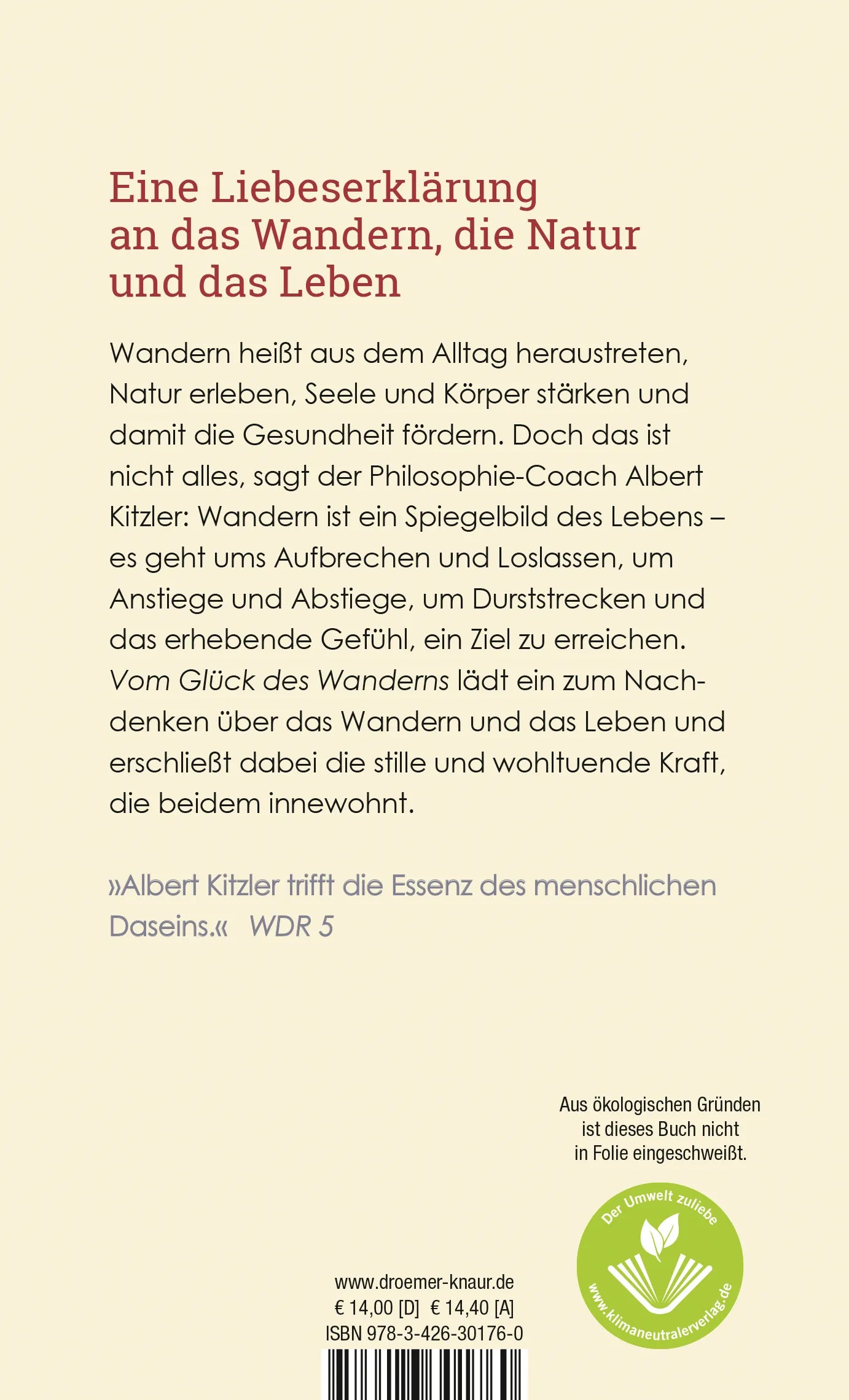 Buchrückseite von 'Vom Glück des Wanderns' mit Klappentext - Taschenbuch