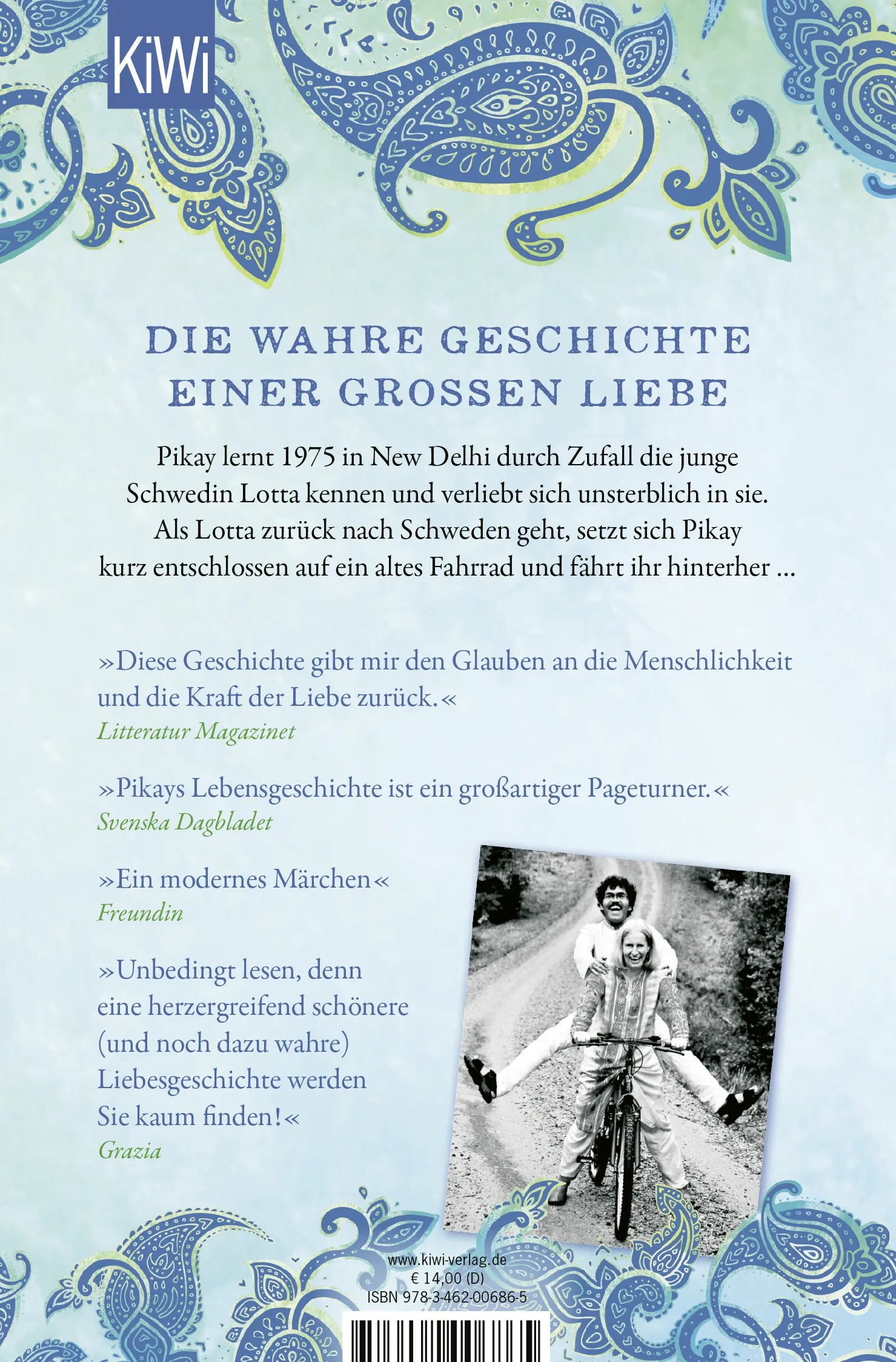 Buchrückseite von 'Vom Inder, der mit dem Fahrrad bis nach Schweden fuhr um dort seine große Liebe wiederzufinden' mit Klappentext - Taschenbuch