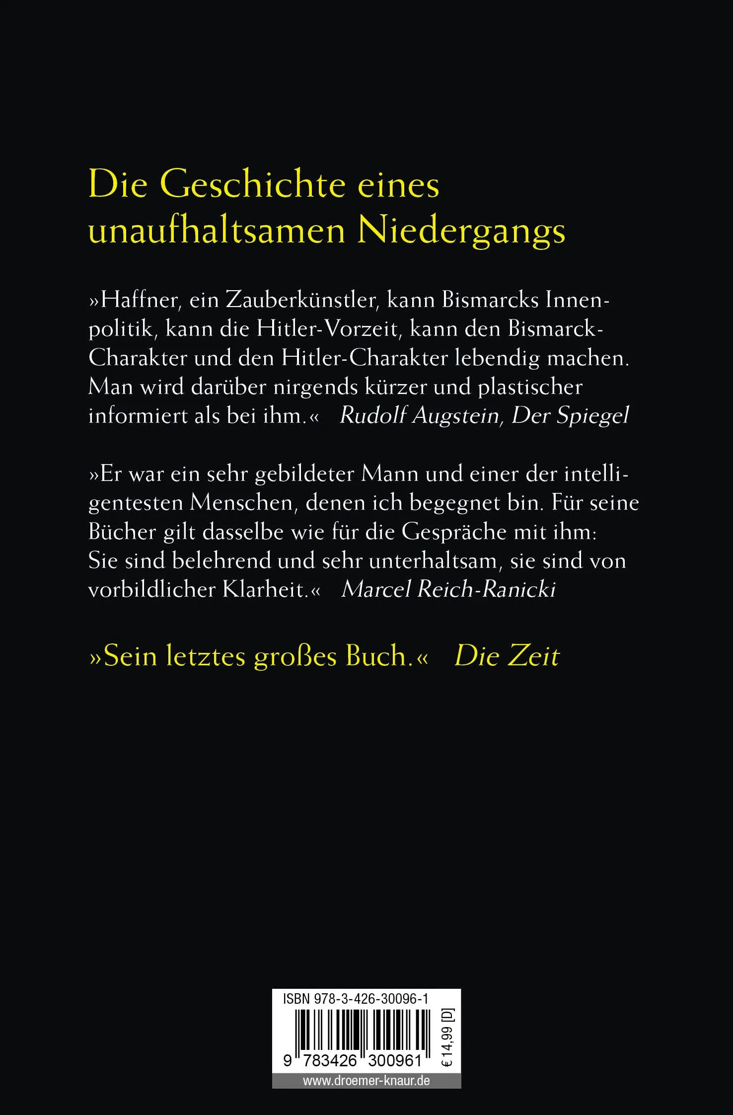 Buchrückseite von 'Von Bismarck zu Hitler' mit Klappentext - Taschenbuch