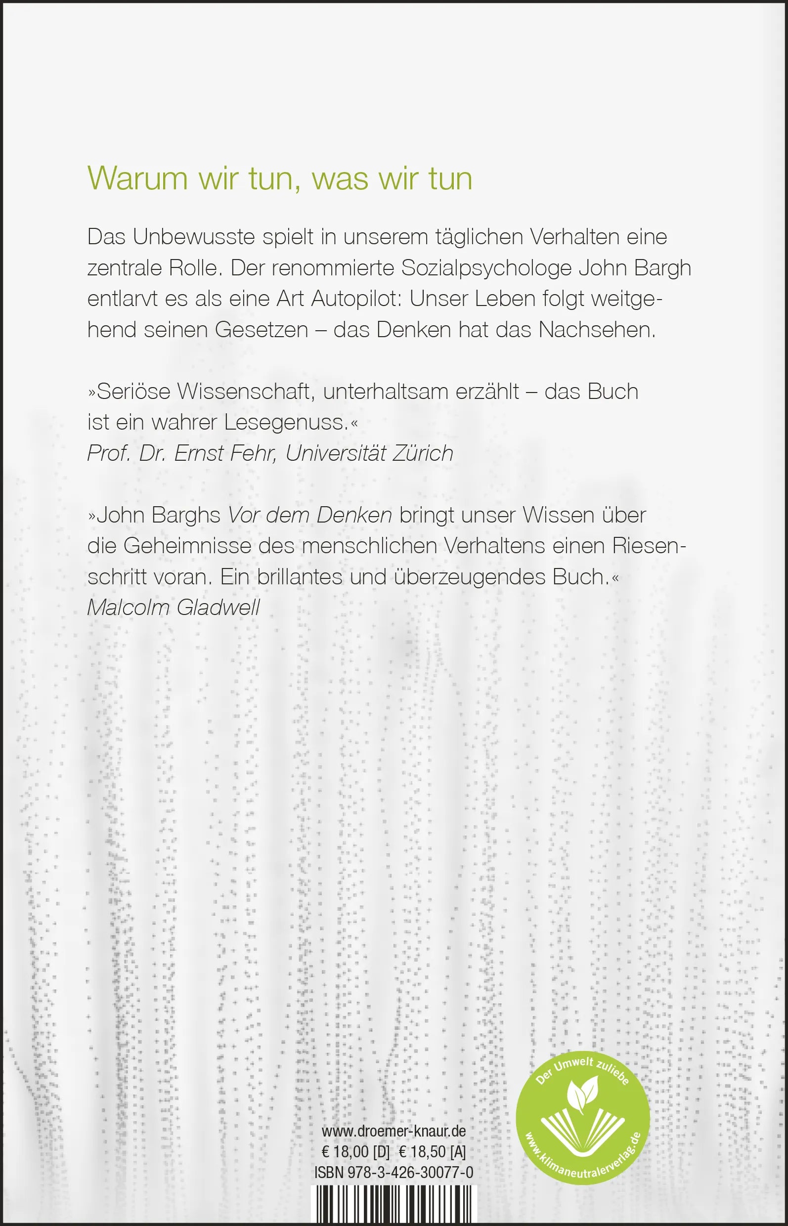 Buchrückseite von 'Vor dem Denken' mit Klappentext - Taschenbuch