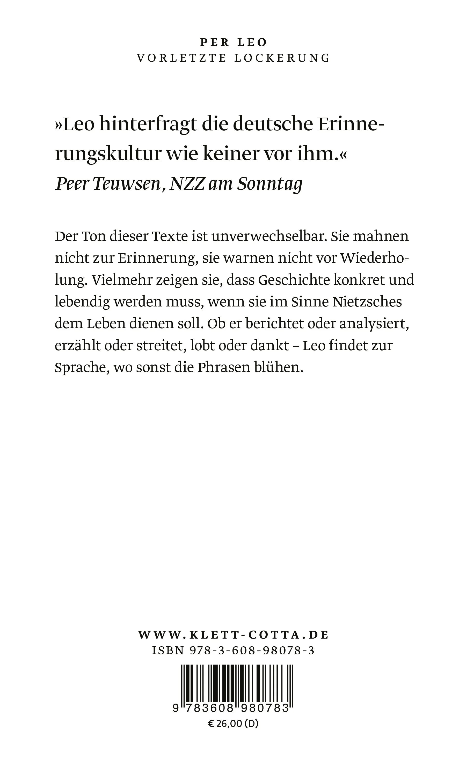 Buchrückseite von 'Vorletzte Lockerung' mit Klappentext - Gebundene Ausgabe