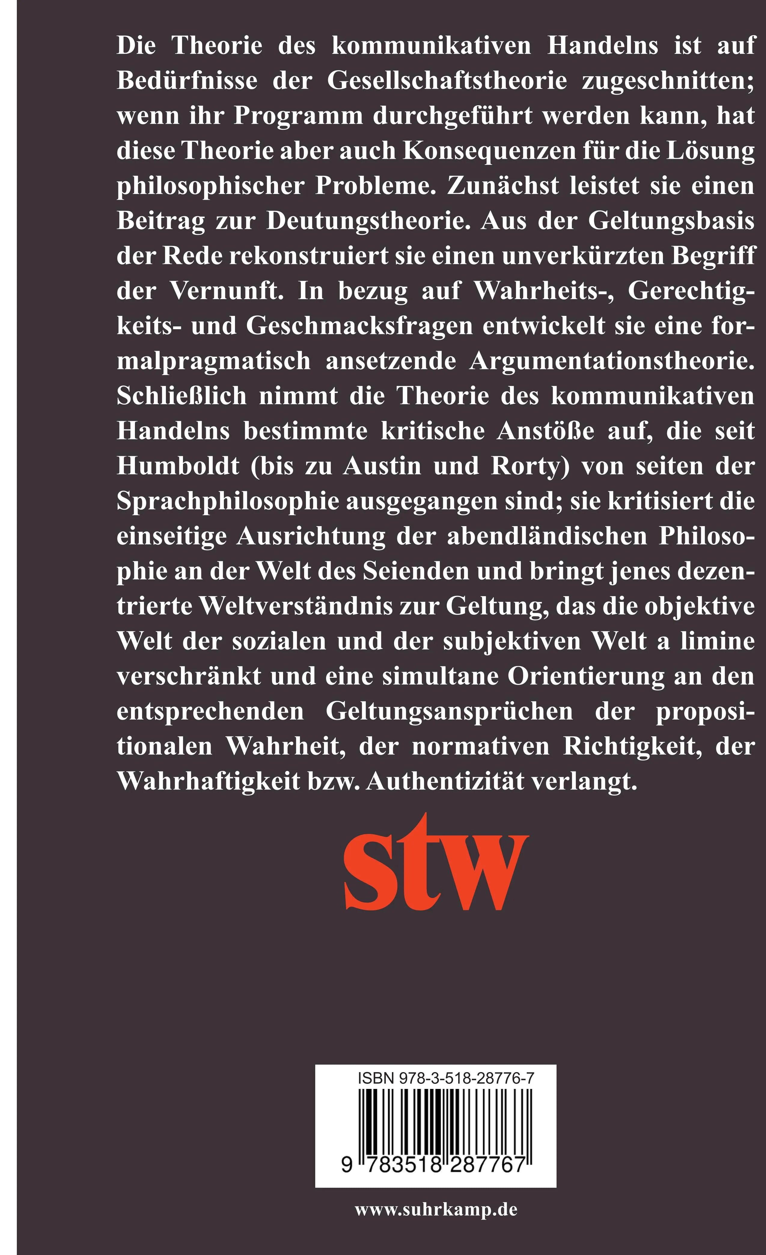Buchrückseite von 'Vorstudien und Ergänzungen zur Theorie des kommunikativen Handelns' mit Klappentext - Taschenbuch