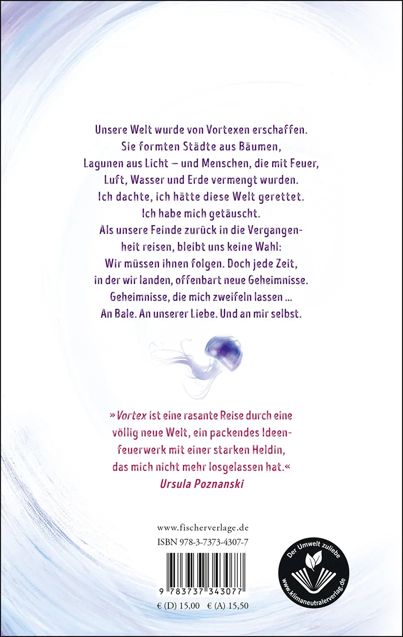 Buchrückseite von 'Vortex – Das Mädchen, das die Zeit durchbrach' mit Klappentext - Paperback