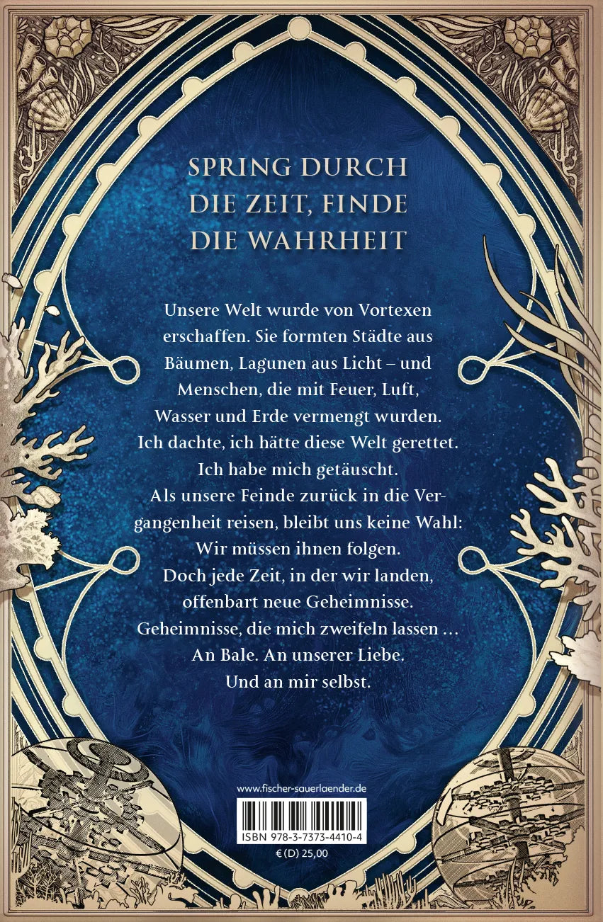 Buchrückseite von 'Vortex – Das Mädchen, das die Zeit durchbrach Schmuckausgabe' mit Klappentext - Gebundene Ausgabe