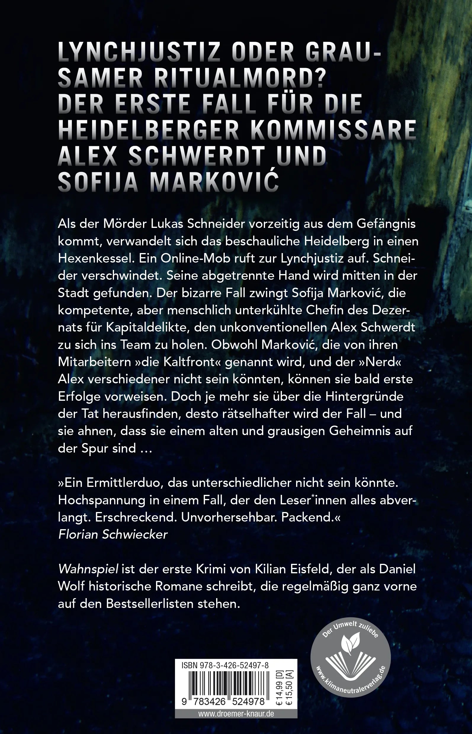 Buchrückseite von 'Wahnspiel' mit Klappentext - Paperback