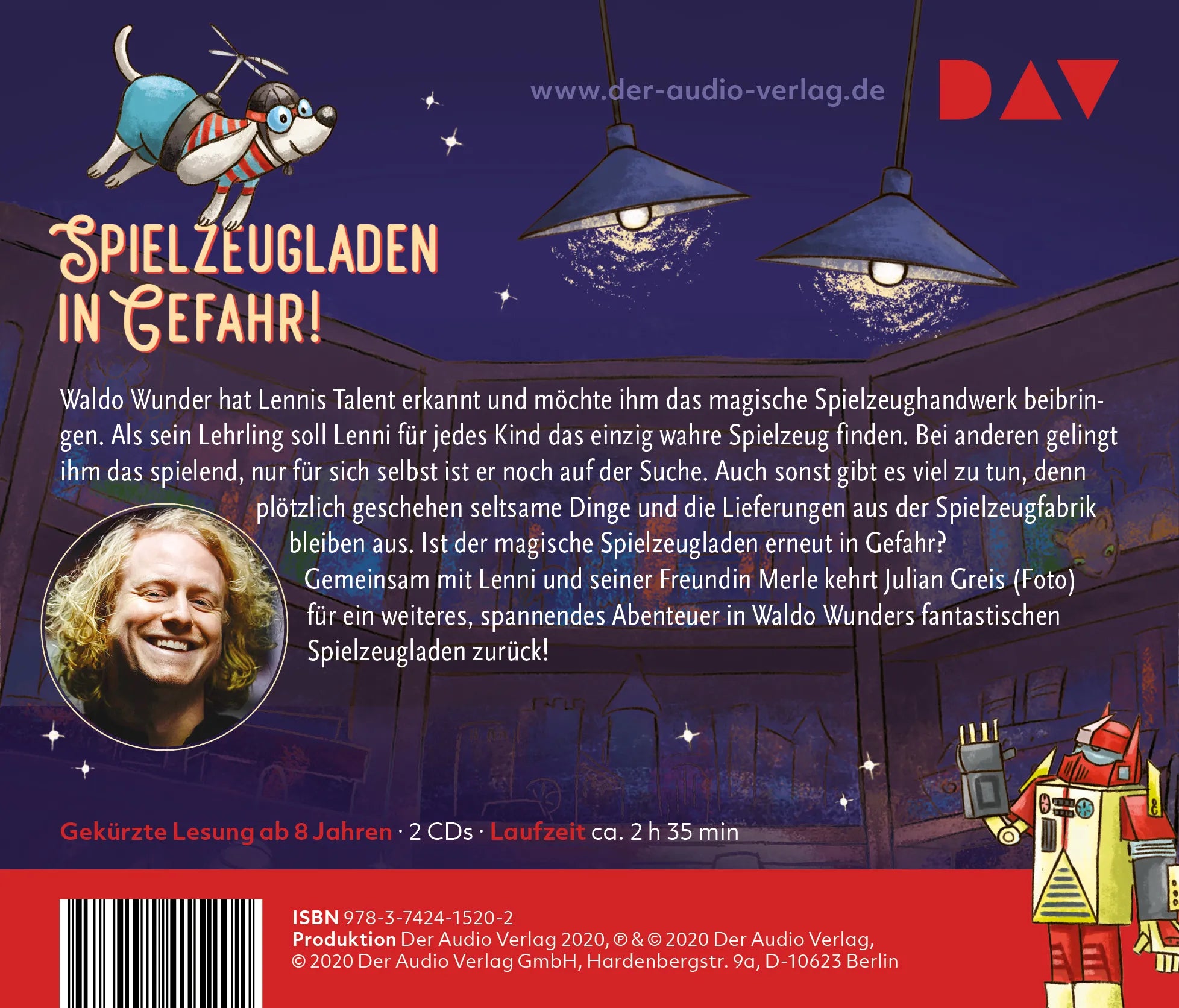 Buchrückseite von 'Waldo Wunders fantastischer Spielzeugladen – Teil 2: Wo Wünsche wahr werden' mit Klappentext - Hörbuch (CD)