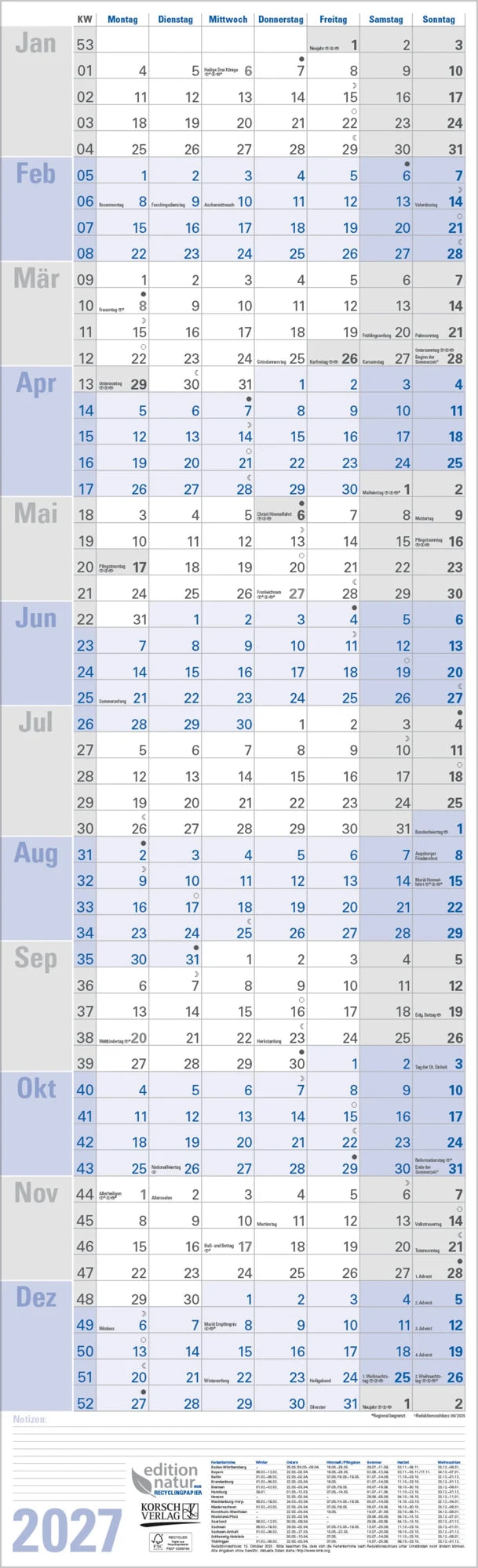 Wandkalender: Wandplaner hoch Recyclingpapier Edition Natur 2027