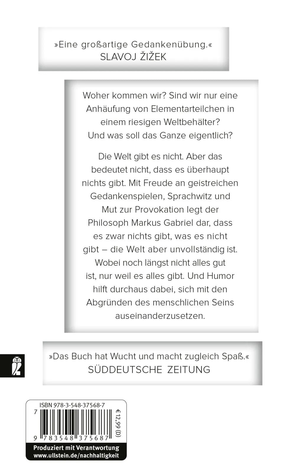 Buchrückseite von 'Warum es die Welt nicht gibt' mit Klappentext - Taschenbuch