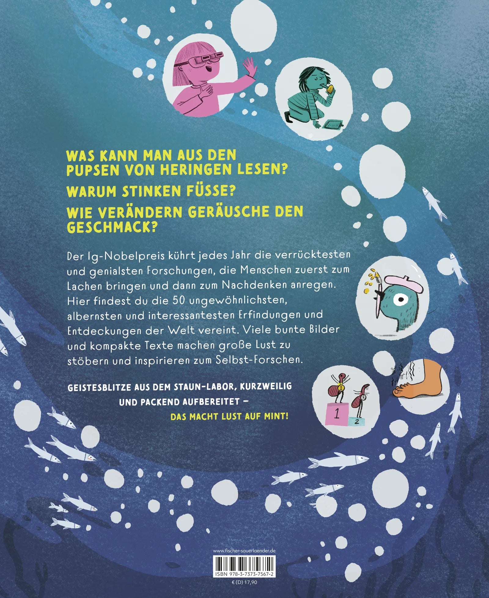 Buchrückseite von 'Warum Fische pupsen ...' mit Klappentext - Gebundene Ausgabe
