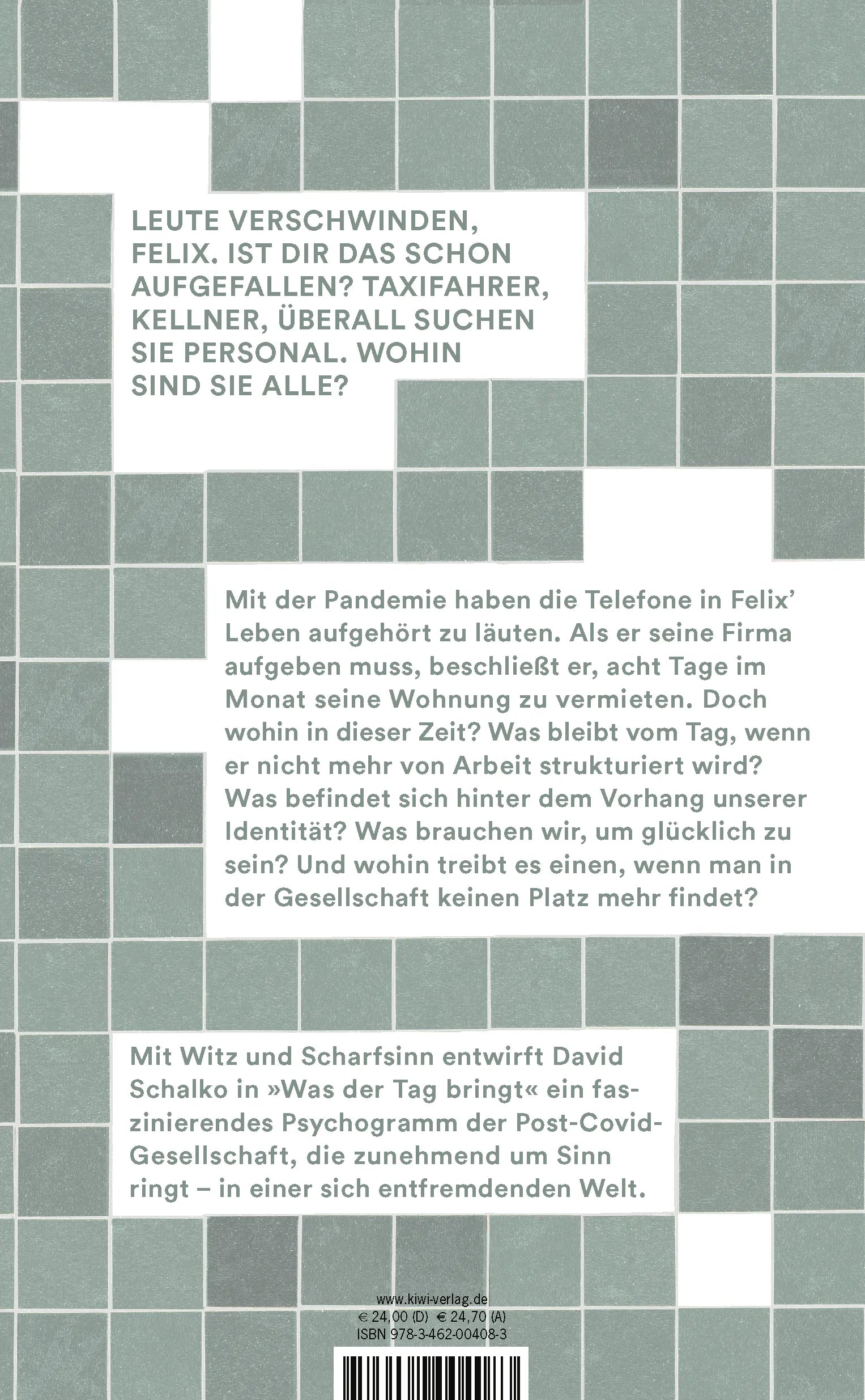 Buchrückseite von 'Was der Tag bringt' mit Klappentext - Gebundene Ausgabe