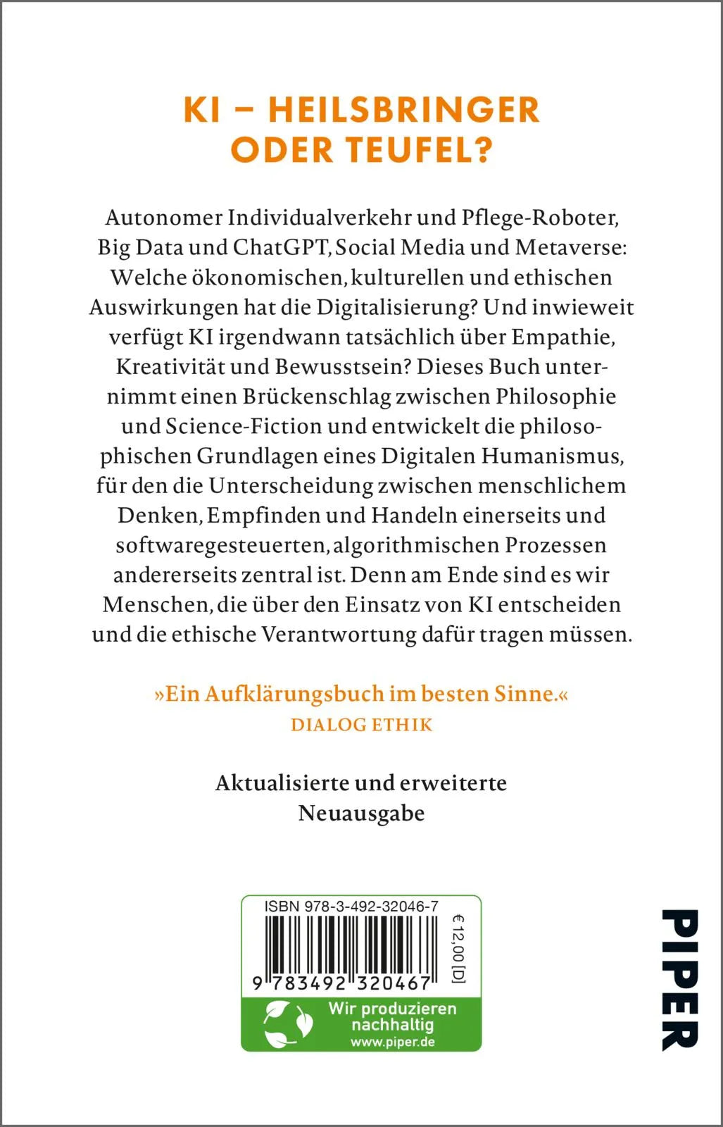 Buchrückseite von 'Was kann und darf Künstliche Intelligenz?' mit Klappentext - Taschenbuch