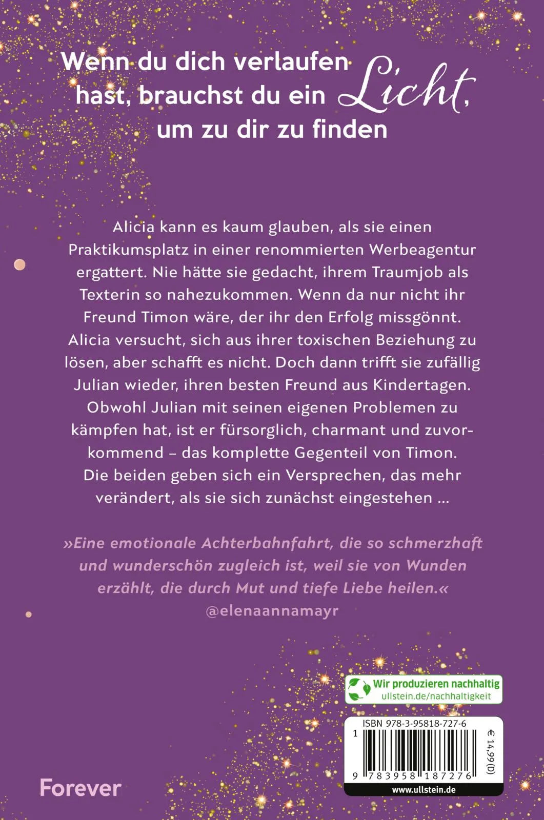 Buchrückseite von 'Was wir uns versprechen' mit Klappentext - Paperback