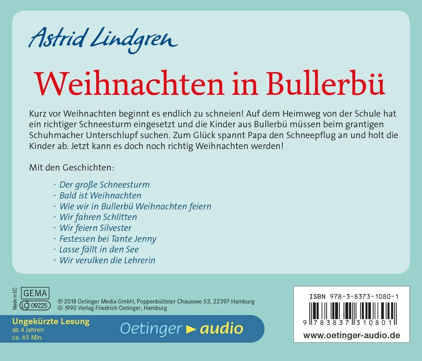 Buchrückseite von 'Weihnachten in Bullerbü' mit Klappentext - Hörbuch (CD)