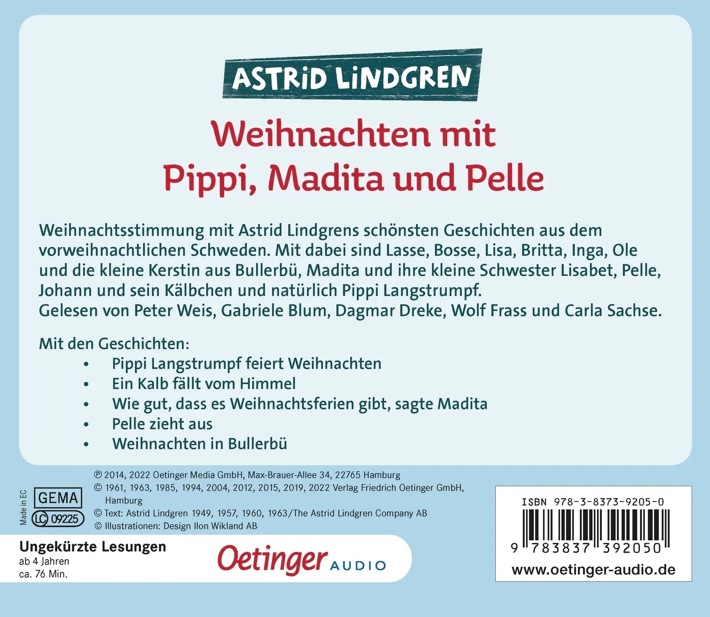 Buchrückseite von 'Weihnachten mit Pippi, Madita und Pelle' mit Klappentext - Hörbuch (CD)