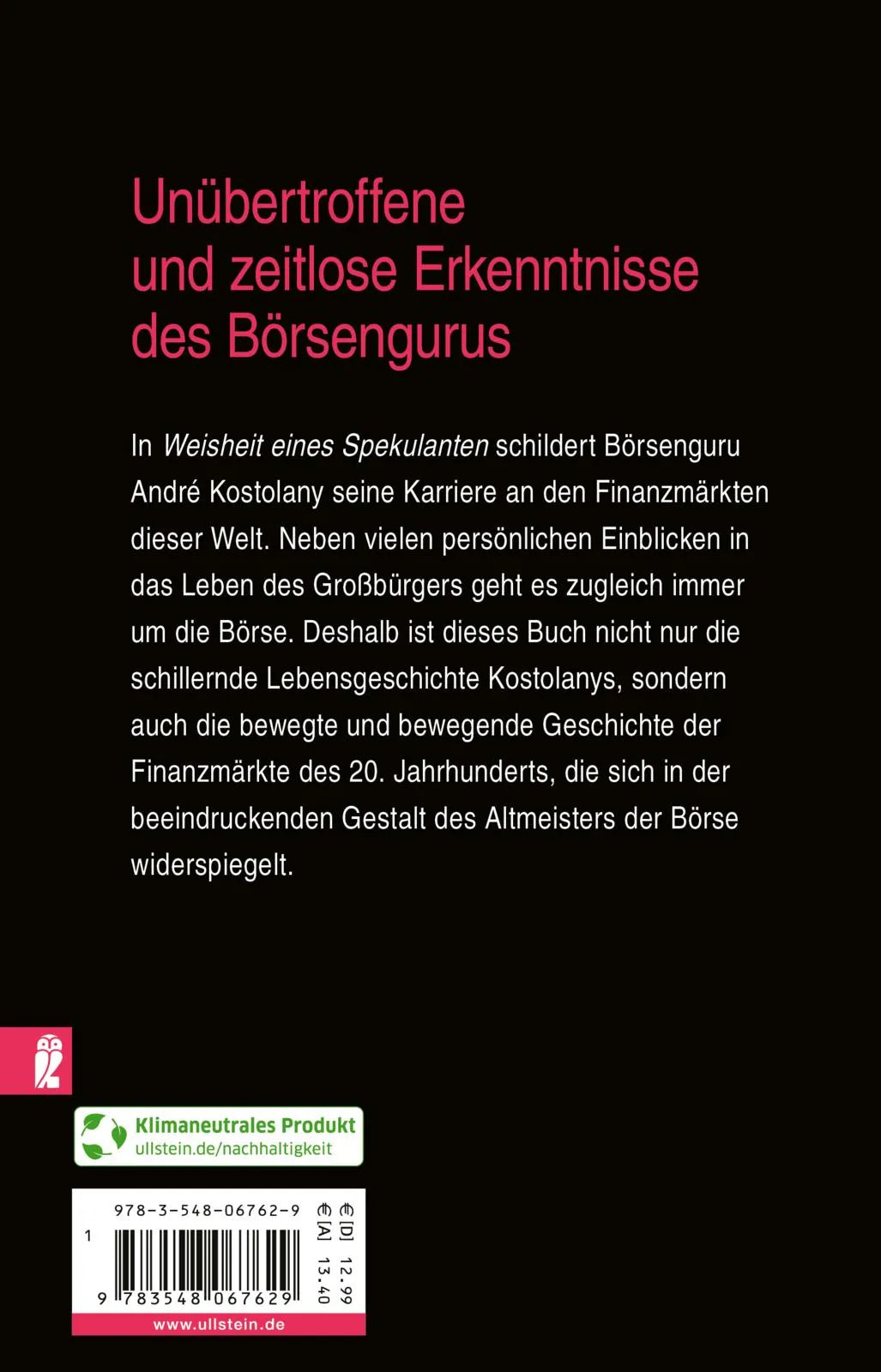 Buchrückseite von 'Weisheit eines Spekulanten' mit Klappentext - Taschenbuch