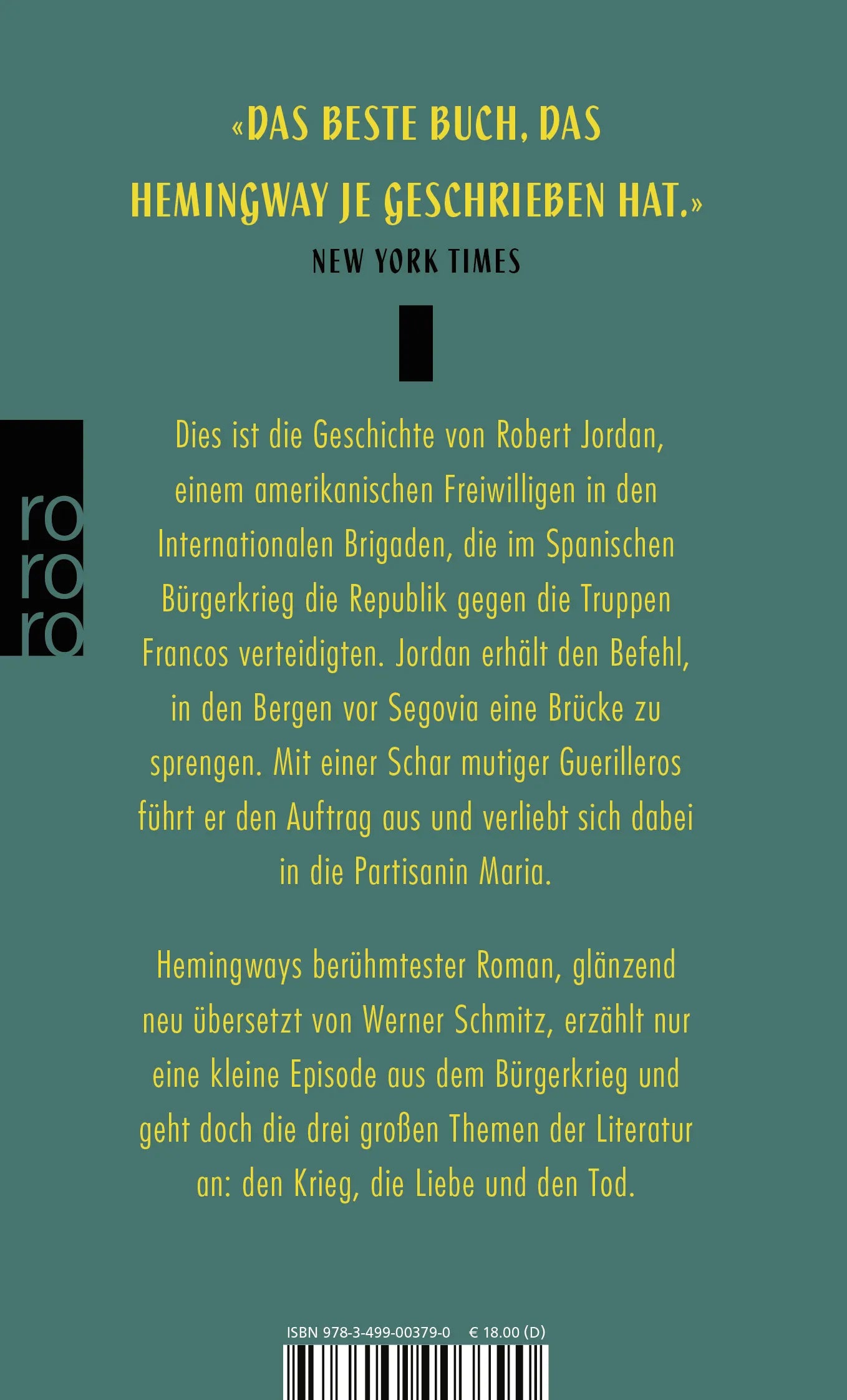 Buchrückseite von 'Wem die Stunde schlägt' mit Klappentext - Taschenbuch