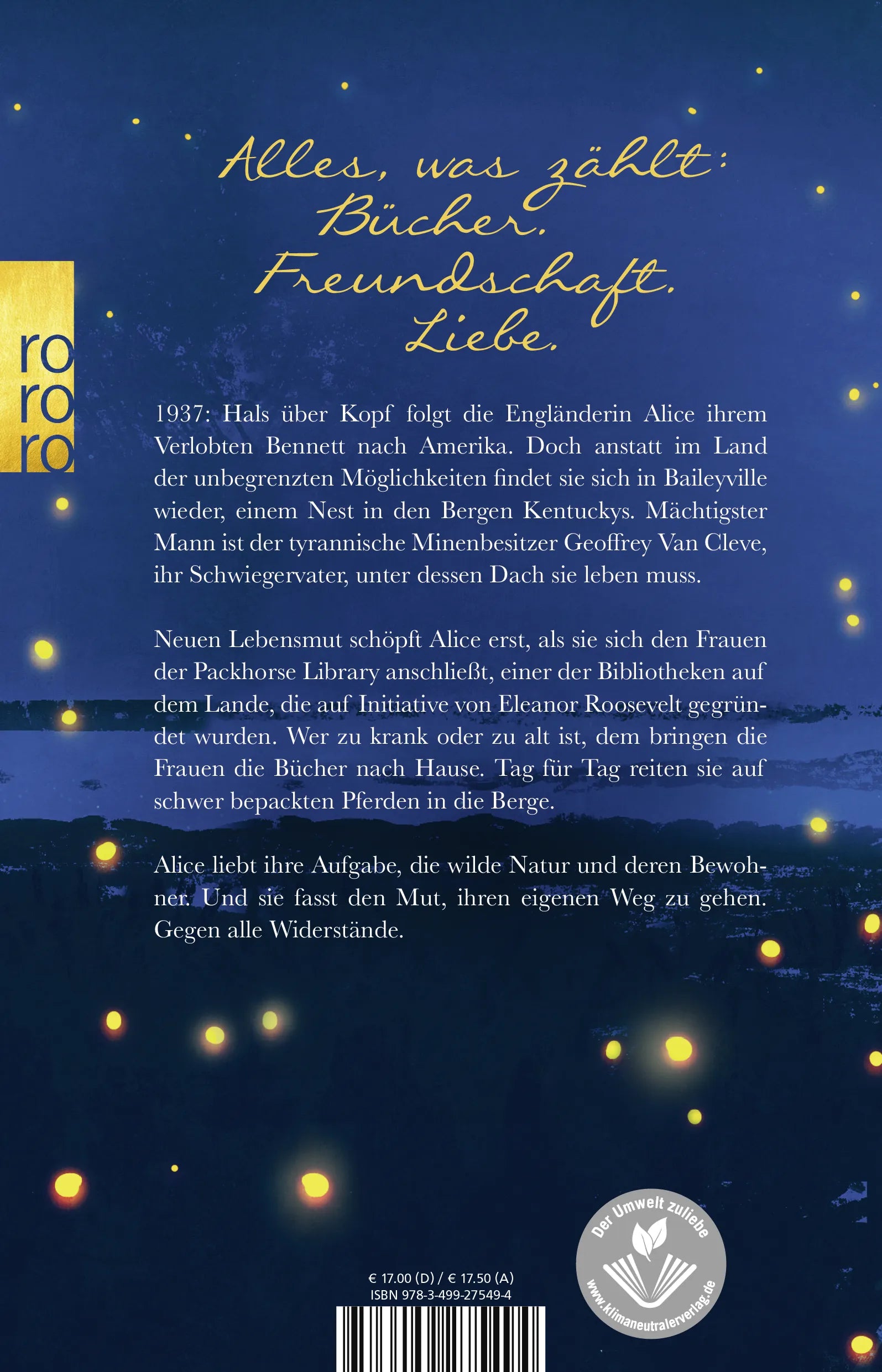 Buchrückseite von 'Wie ein Leuchten in tiefer Nacht' mit Klappentext - Paperback