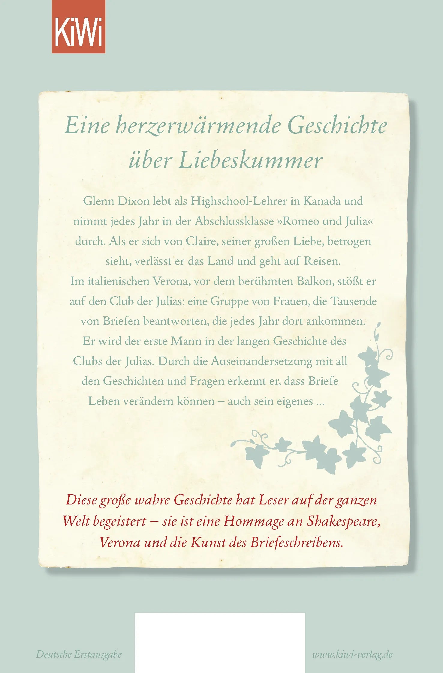 Buchrückseite von 'Wie ich dank Shakespeare in Verona die große Liebe fand' mit Klappentext - Taschenbuch