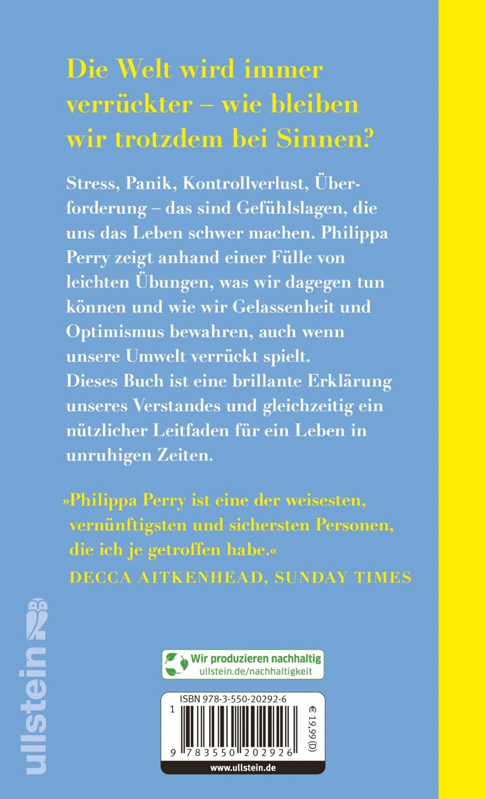 Buchrückseite von 'Wie man in verrückten Zeiten nicht den Verstand verliert' mit Klappentext - Gebundene Ausgabe