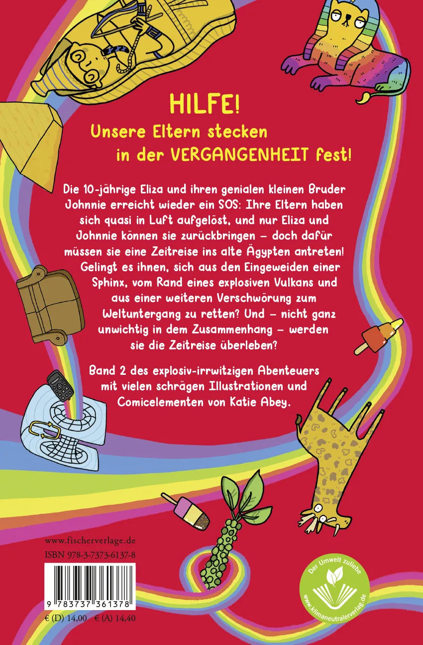 Buchrückseite von 'Wie man ohne Eltern überlebt – immer noch! Die explosive Zeitreise mit der Bratpfanne des Todes' mit Klappentext - Gebundene Ausgabe