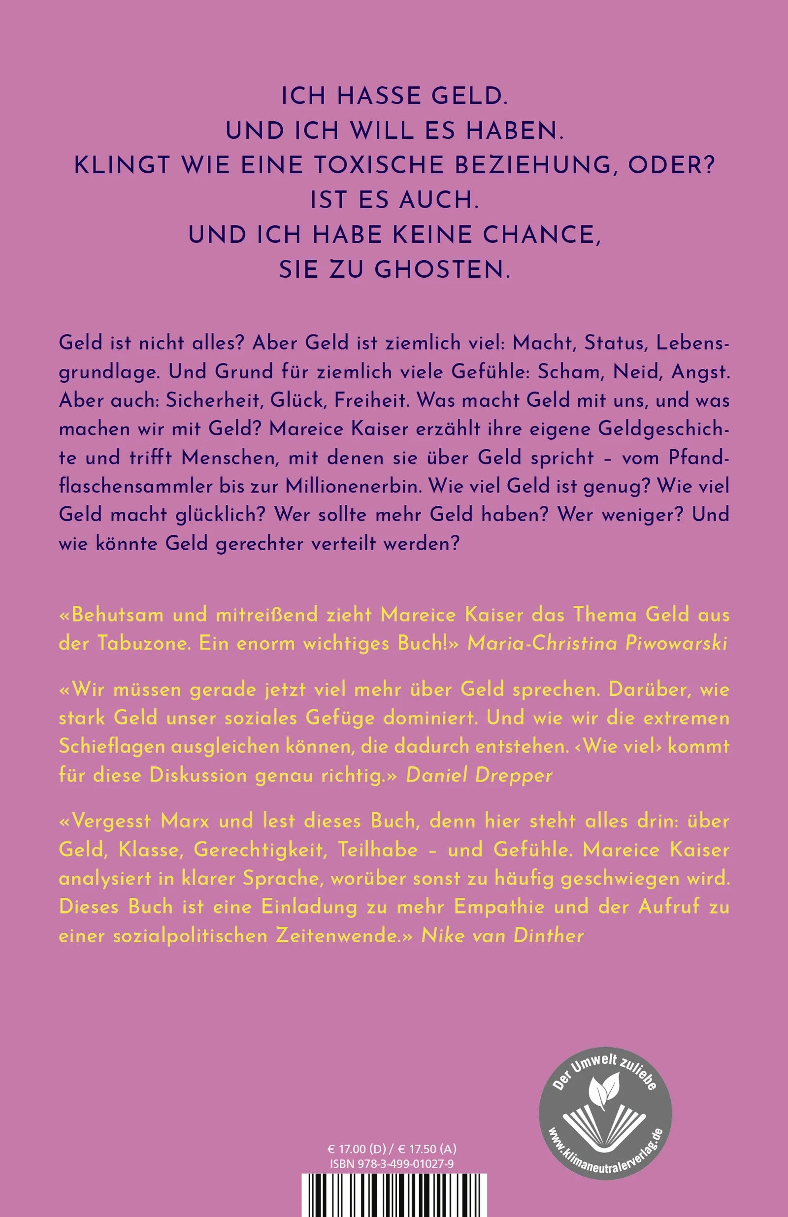 Buchrückseite von 'Wie viel' mit Klappentext - Paperback