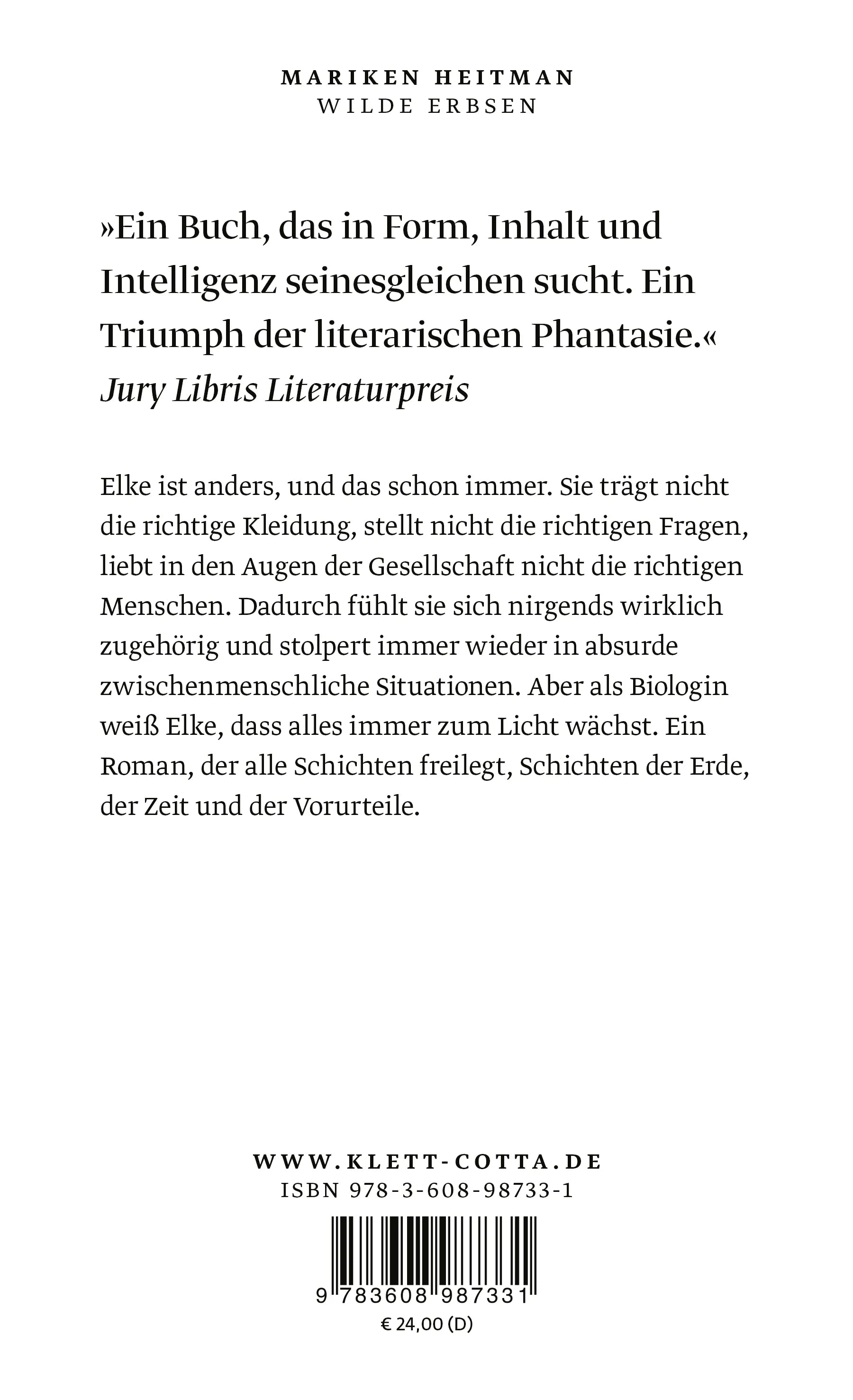 Buchrückseite von 'Wilde Erbsen' mit Klappentext - Gebundene Ausgabe