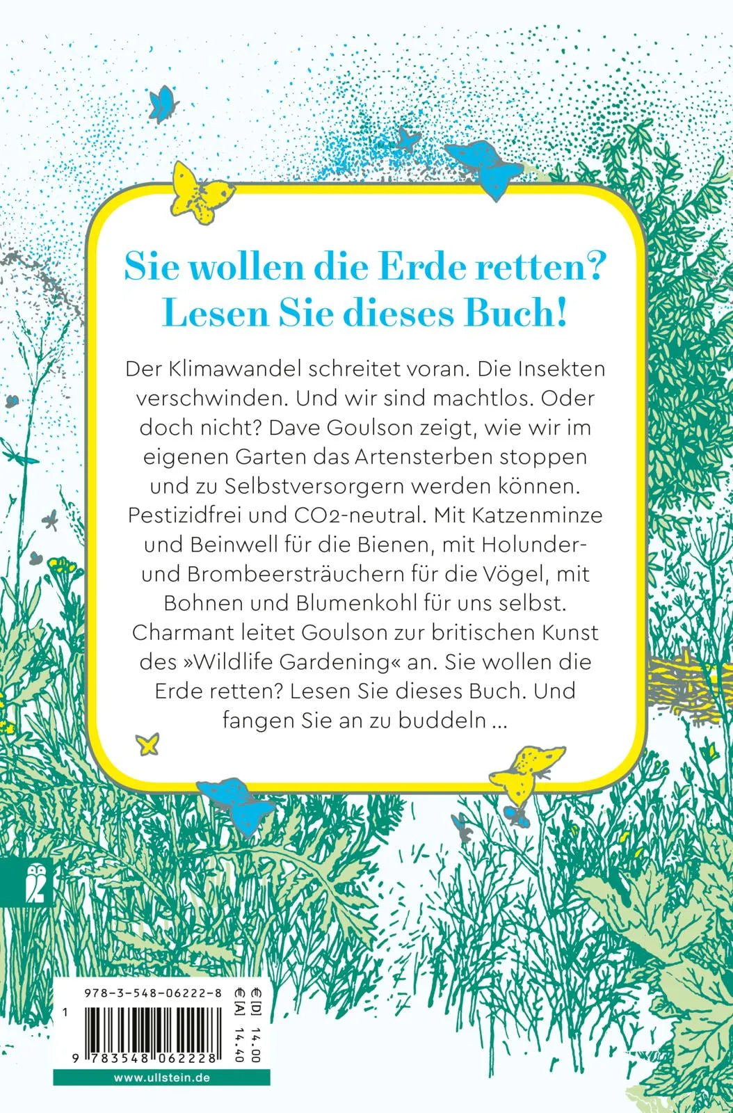 Buchrückseite von 'Wildlife Gardening' mit Klappentext - Taschenbuch