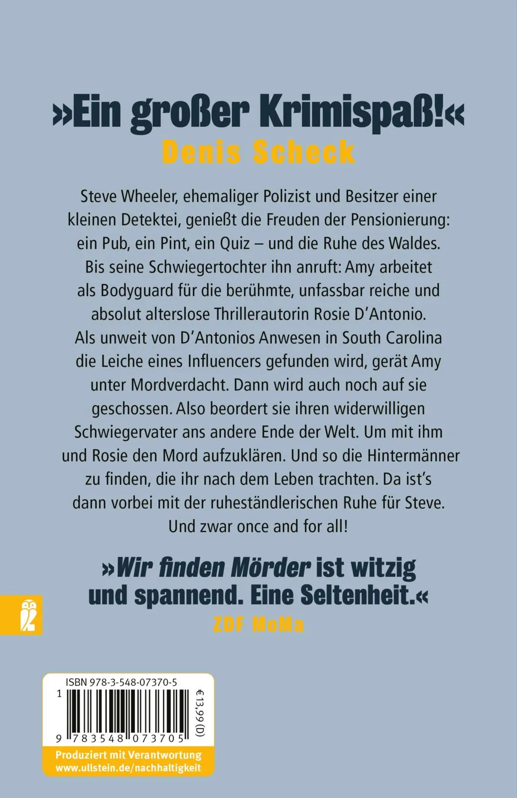 Buchrückseite von 'Wir finden Mörder' mit Klappentext - Taschenbuch