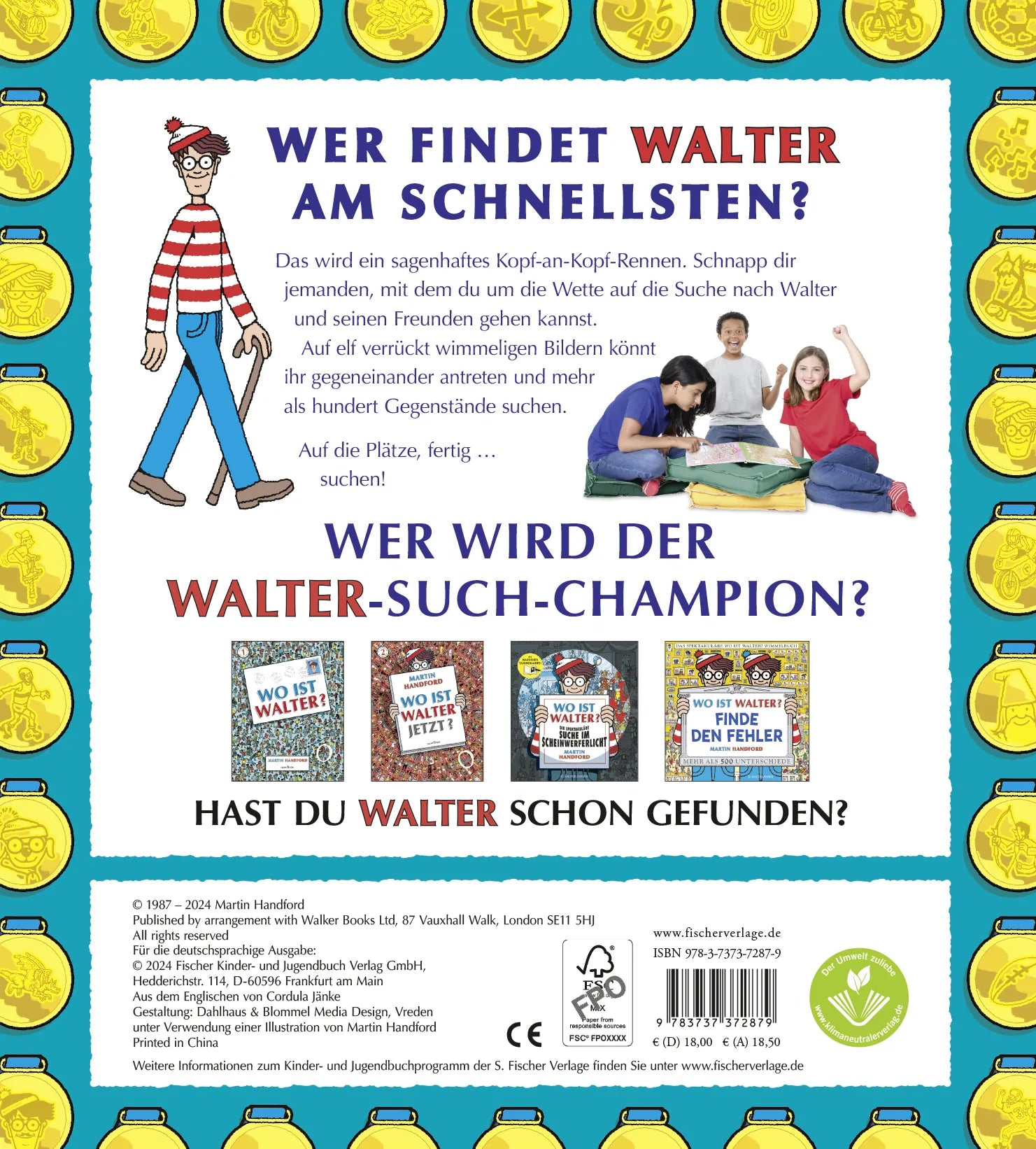 Buchrückseite von 'Wo ist Walter? Das große Wettsuchen' mit Klappentext - Gebundene Ausgabe