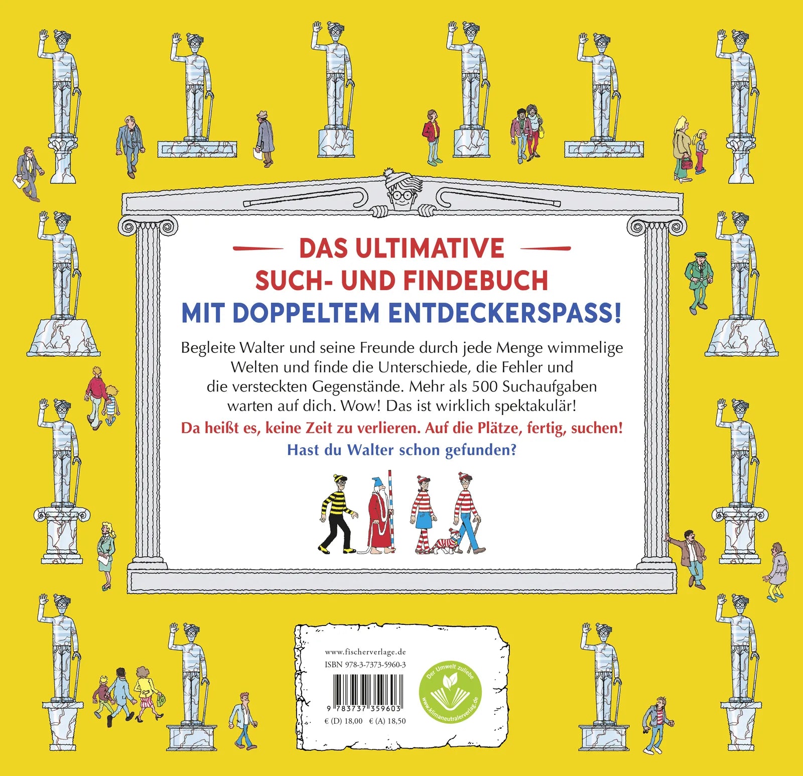 Buchrückseite von 'Wo ist Walter? Finde den Fehler' mit Klappentext - Gebundene Ausgabe