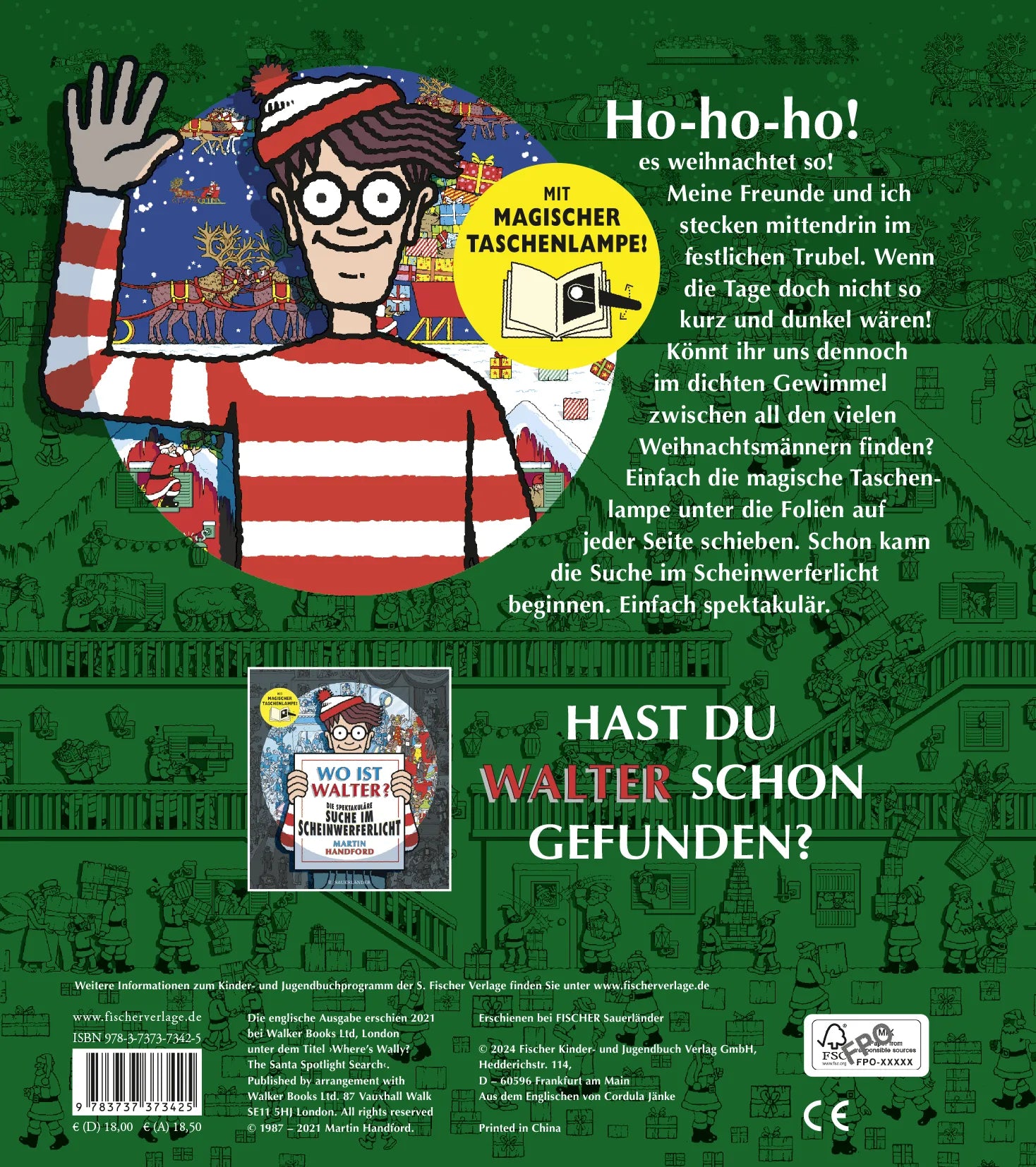 Buchrückseite von 'Wo ist Walter? Weihnachten – die große Scheinwerfersuche' mit Klappentext - Gebundene Ausgabe