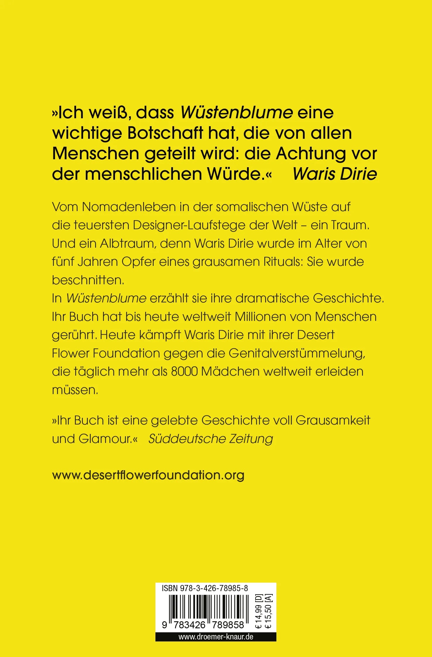 Buchrückseite von 'Wüstenblume' mit Klappentext - Taschenbuch