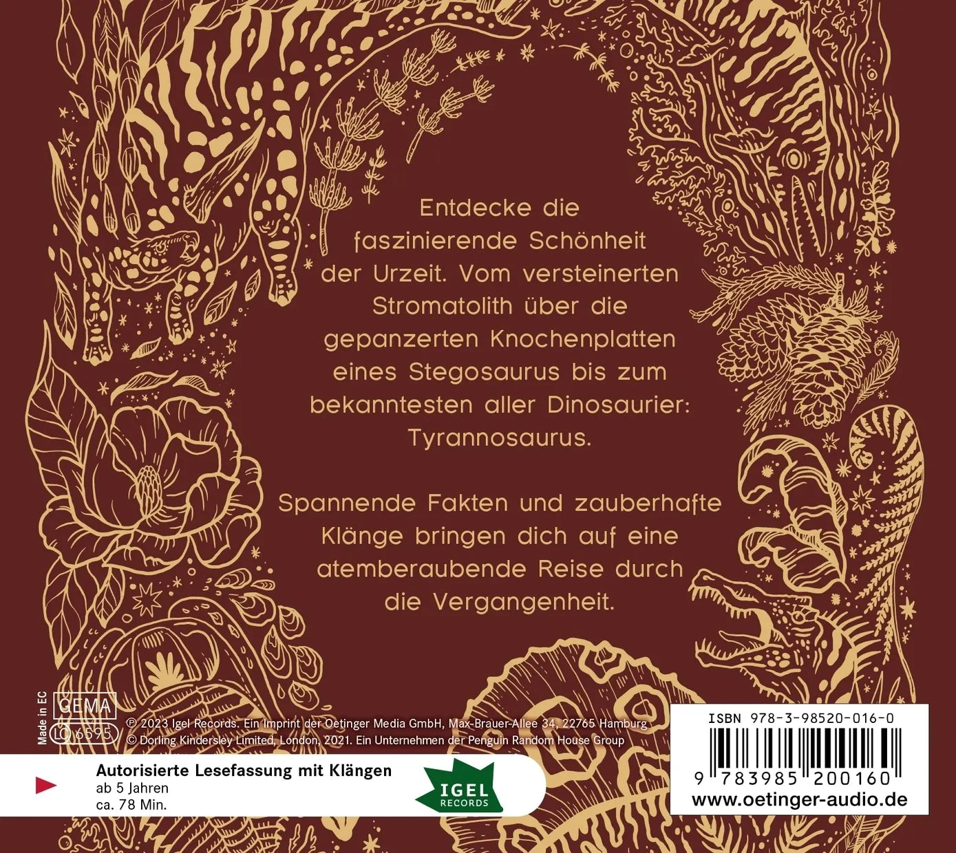 Buchrückseite von 'Wundervolle Welt der Dinosaurier und der Urzeit' mit Klappentext - Hörbuch (CD)