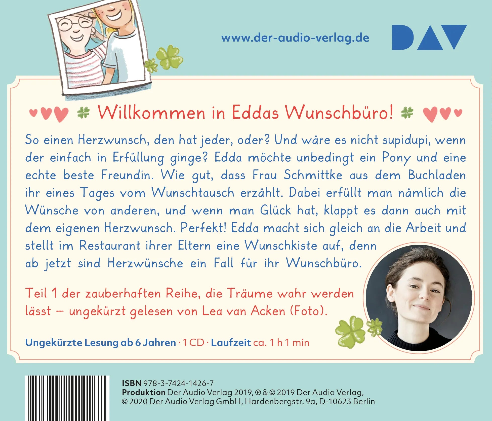 Buchrückseite von 'Wunschbüro Edda – Teil 1: Eine Kiste voller Wünsche' mit Klappentext - Hörbuch (CD)