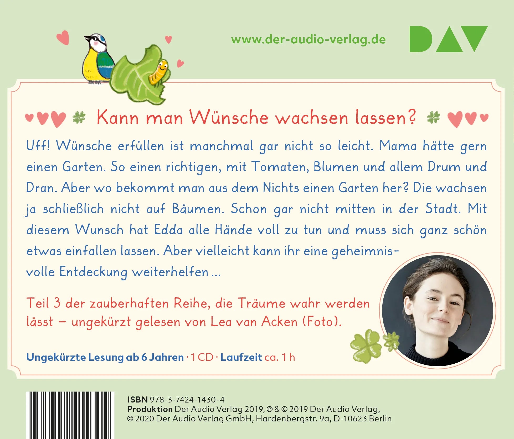 Buchrückseite von 'Wunschbüro Edda – Teil 3: Alles Grüne kommt von oben' mit Klappentext - Hörbuch (CD)