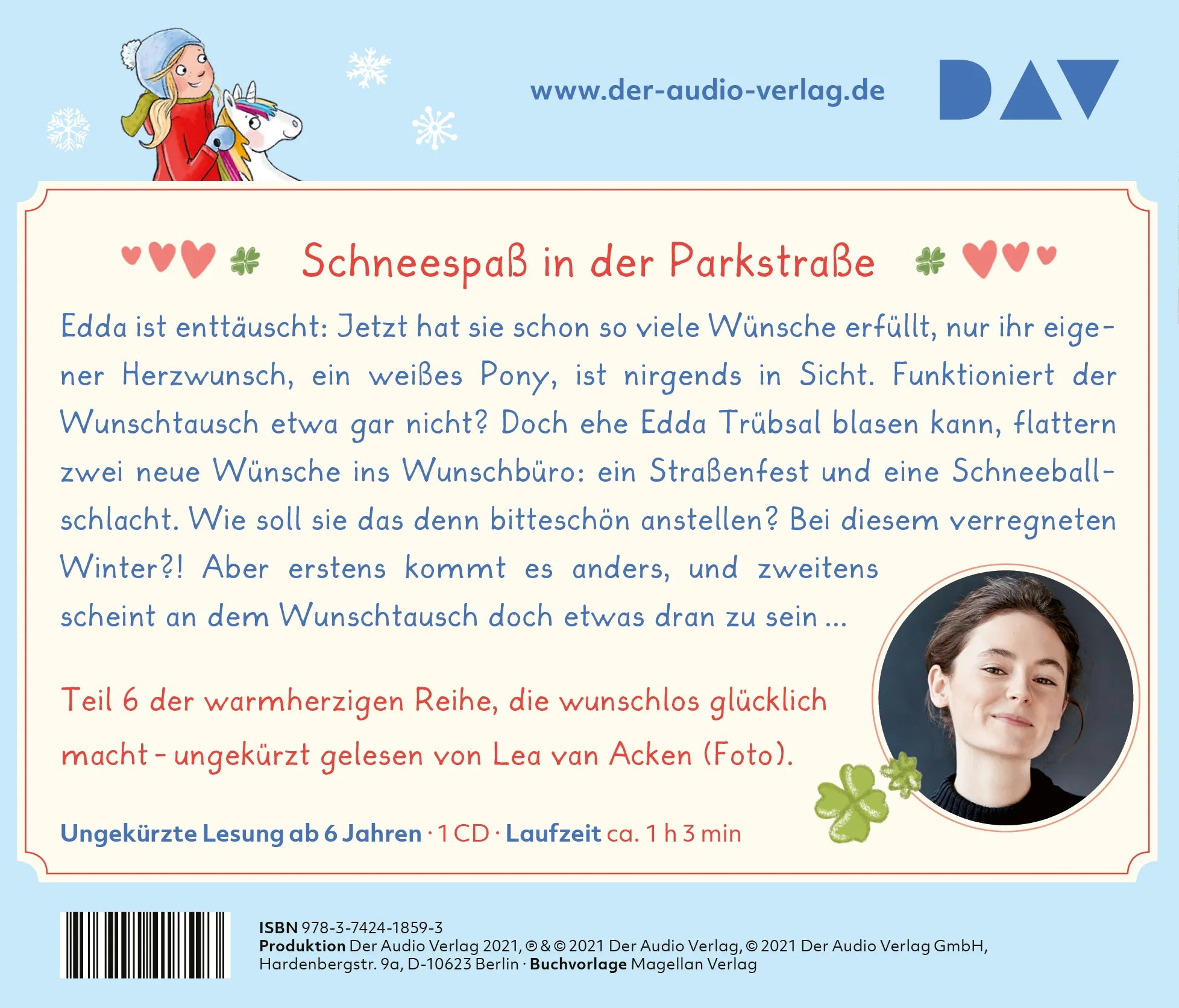 Buchrückseite von 'Wunschbüro Edda – Teil 6: Das Schneeflockenwunder' mit Klappentext - Hörbuch (CD)