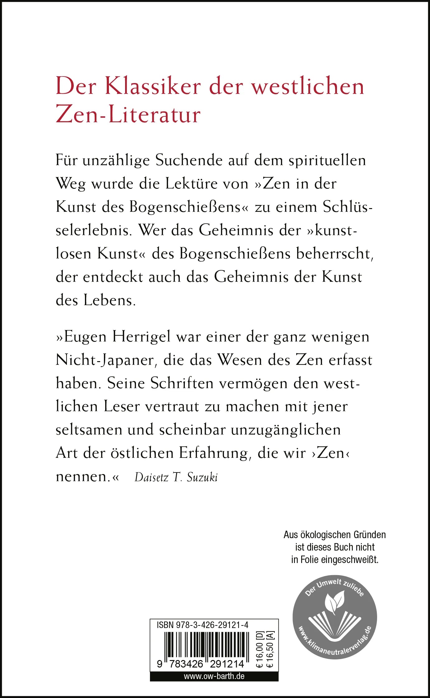 Buchrückseite von 'Zen in der Kunst des Bogenschießens' mit Klappentext - Gebundene Ausgabe
