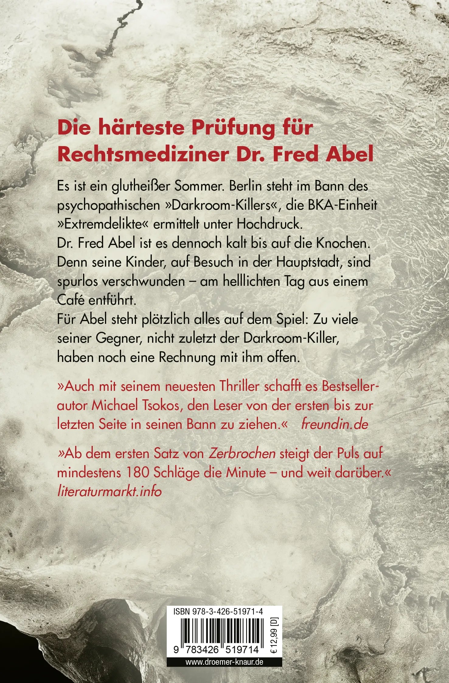Buchrückseite von 'Zerbrochen' mit Klappentext - Taschenbuch